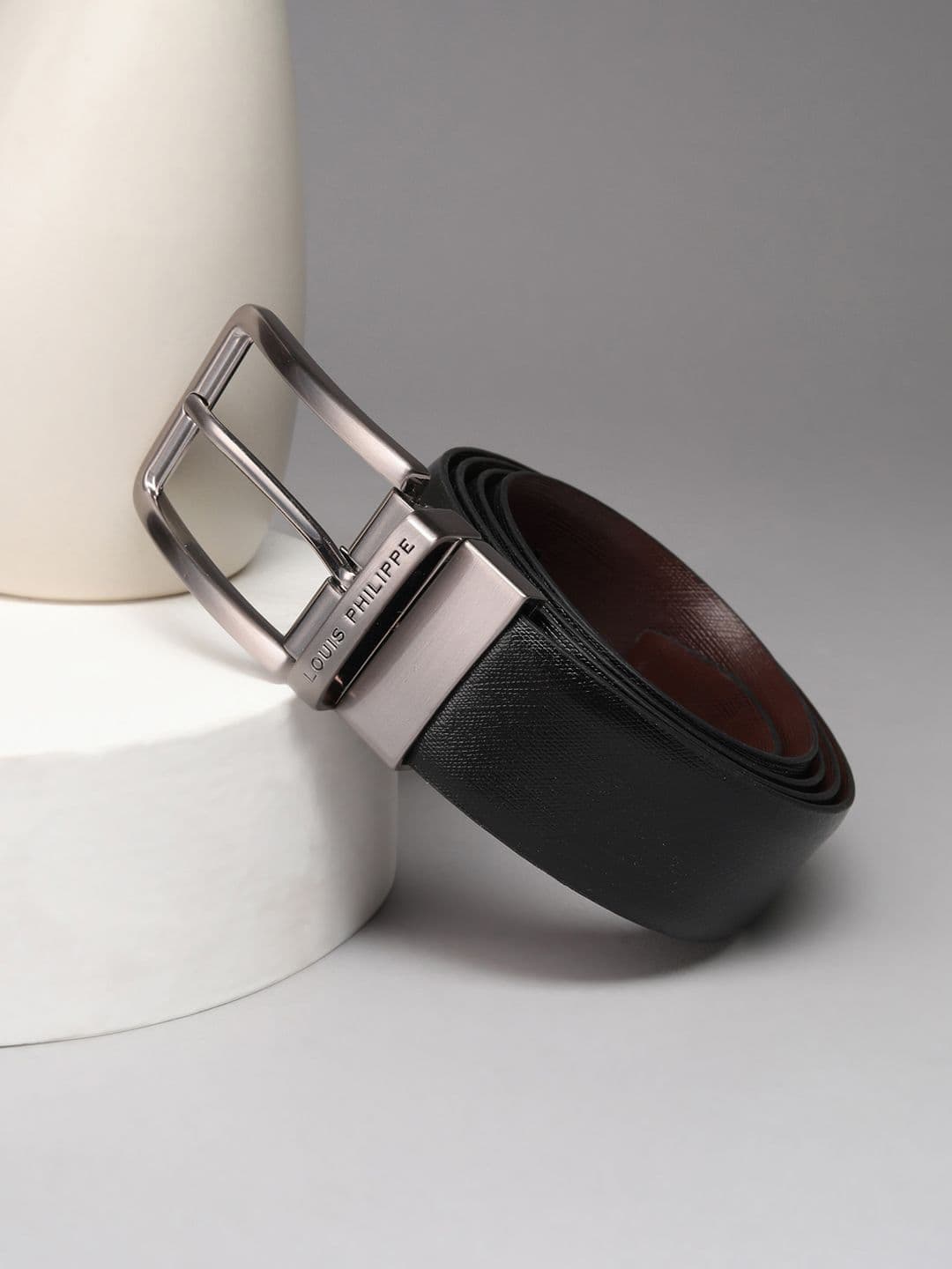 Louis Philippe Men Italian Leather Shiny Nickel Buckle Formal Reversible Belt
