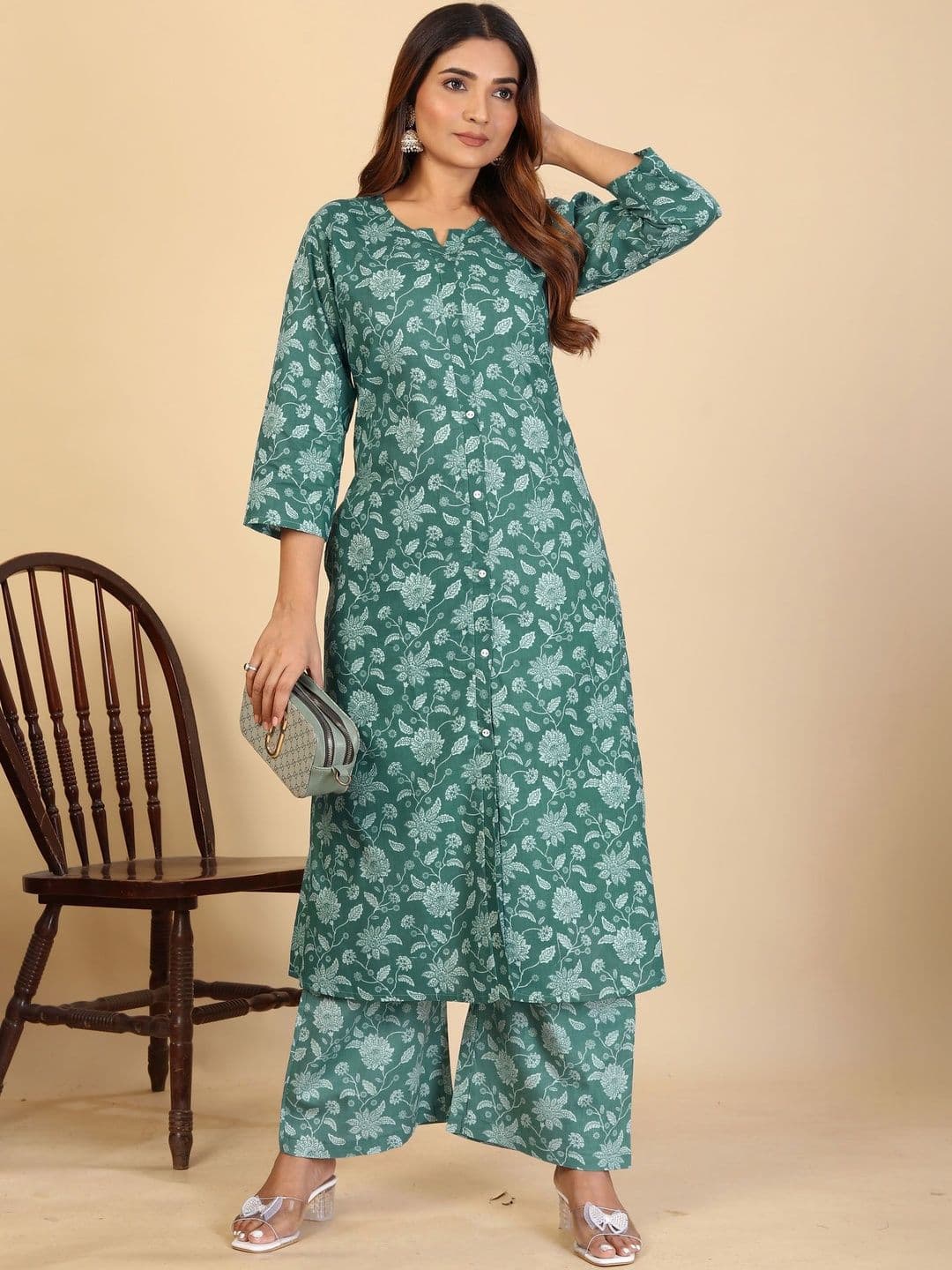 Sangria Romantic Florals Cotton Printed Tunic with Trousers - view 1