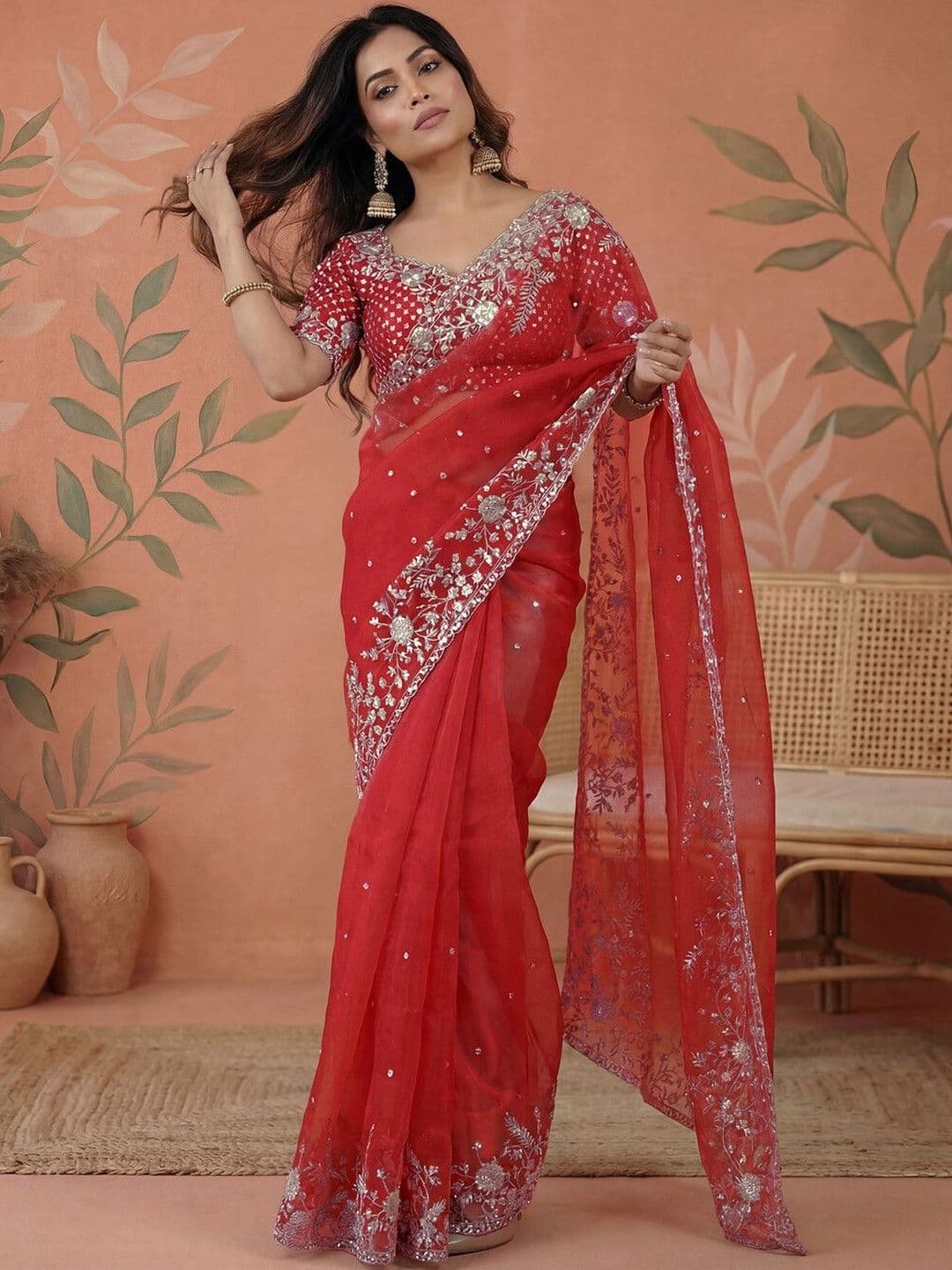 Sangria Sequin Embroidered & Scalloped Border Sarees With Unstitched Blouse Piece - view 1