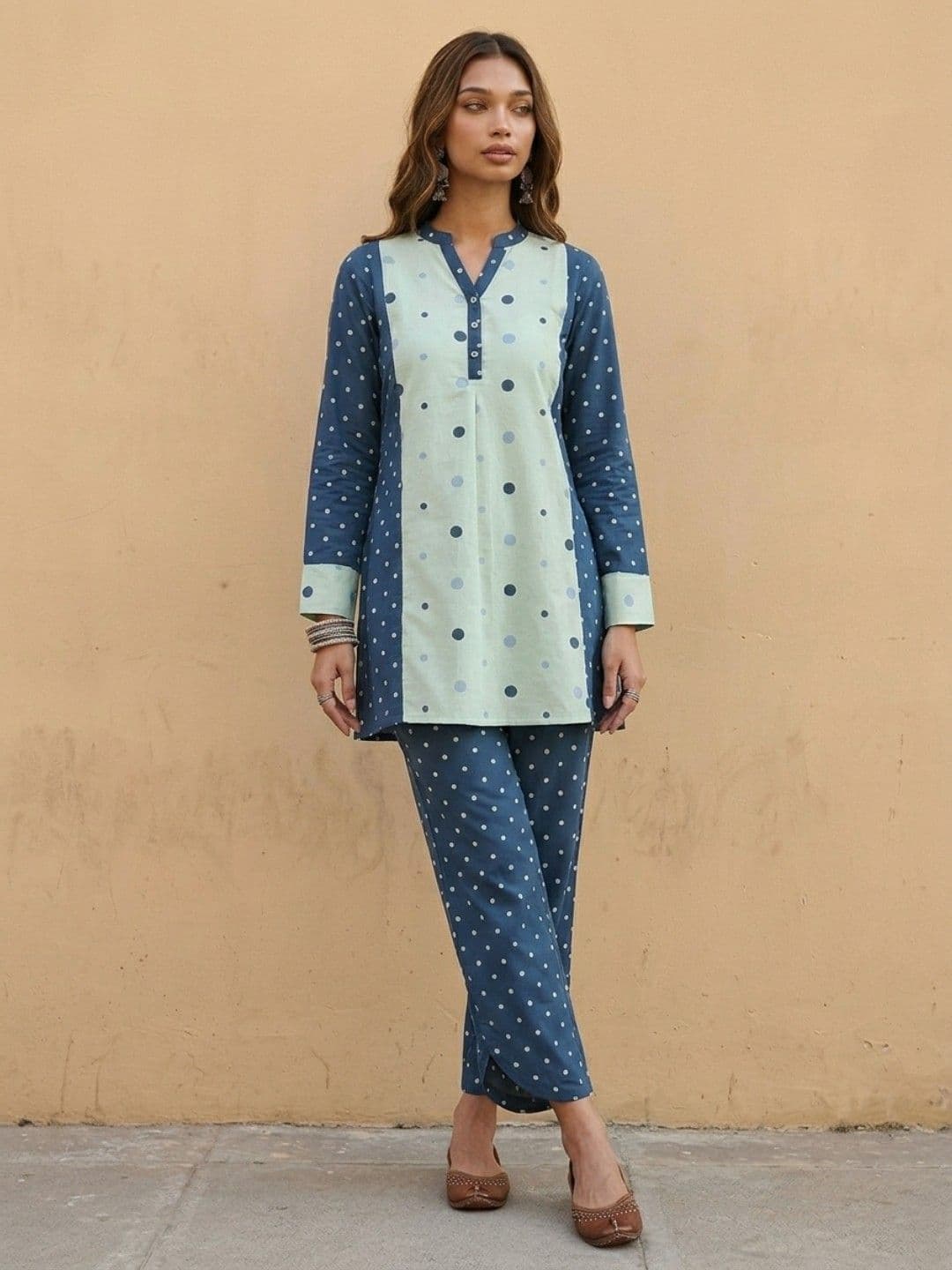 fusion by glitchez Polka Dots Printed Mandarin Collar A-Line Kurta with Trousers - view 1