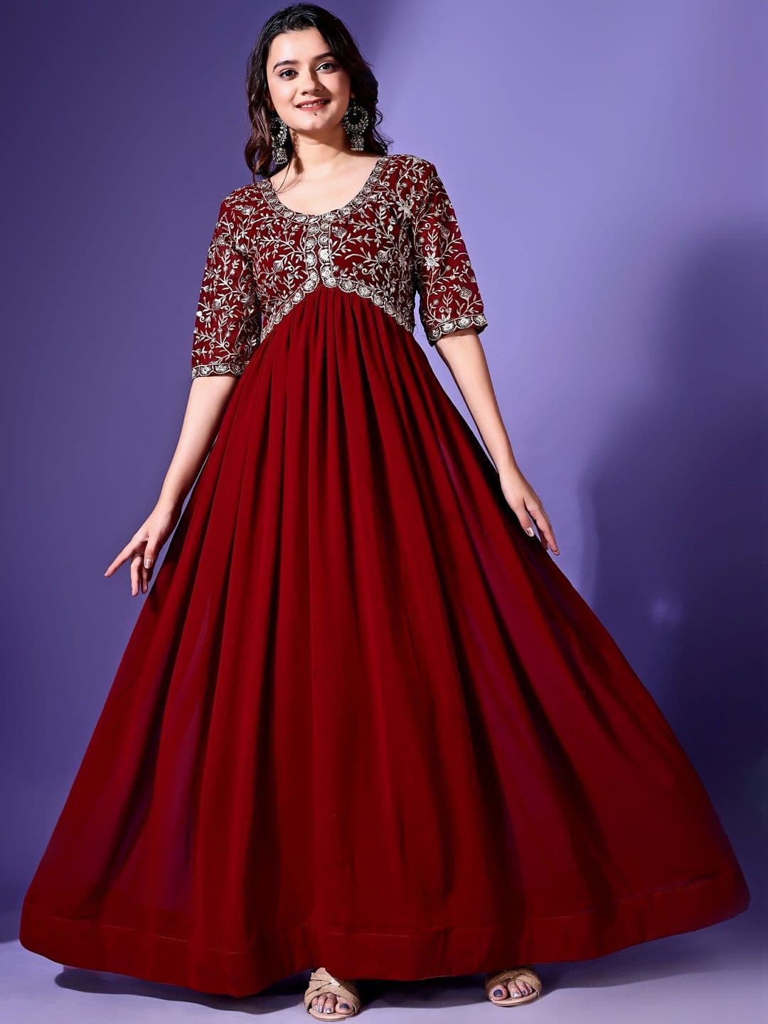 HERE&NOW Embroidered Round Neck Fit and Flare Ethnic Dress - view 1
