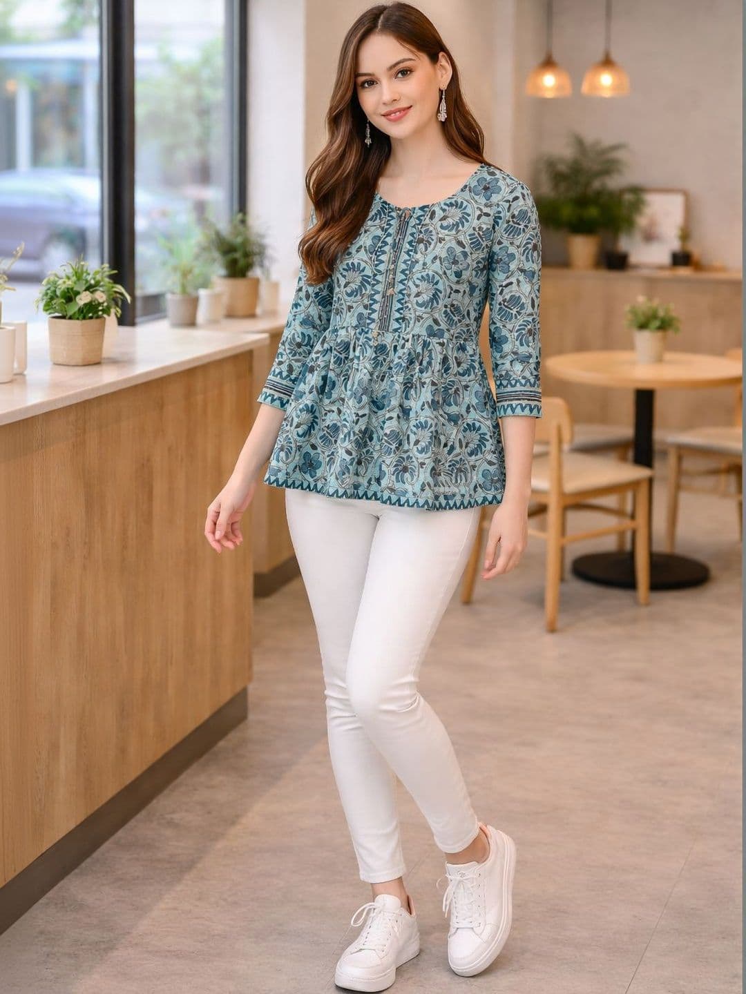 KALINI Floral Print Tie-Up Neck Ethnic Cotton Blend Peplum Top - view 1