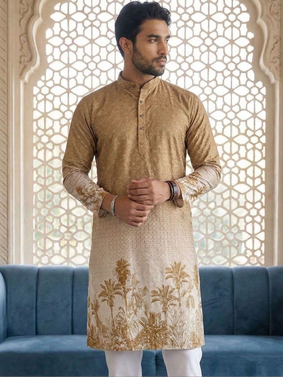 Dincharya Men Ethnic Motifs Printed Sequinned Floral Kurta - view 1
