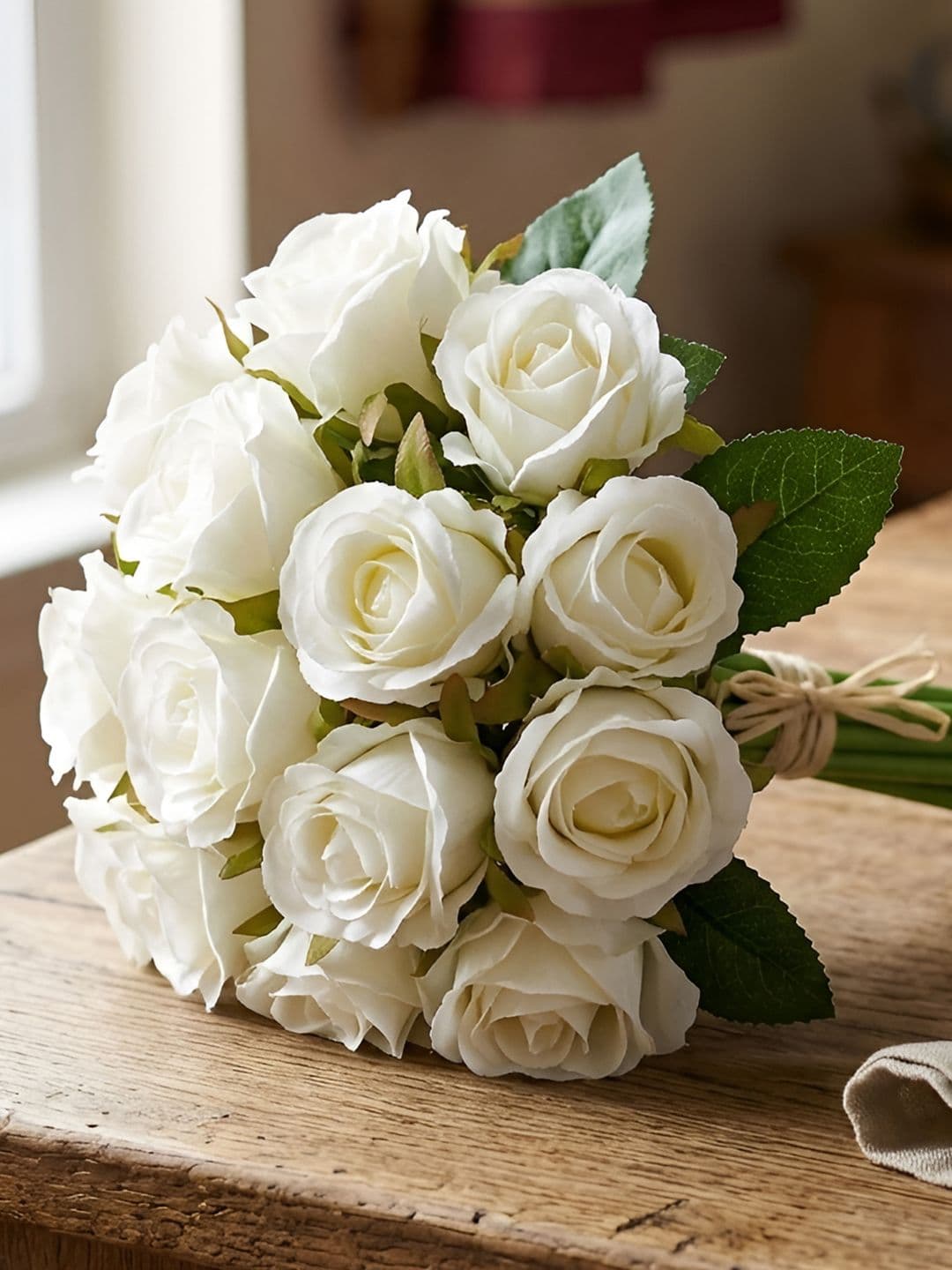 TIED RIBBONS Set Of 12 White & Green Artificial Rose Flowers - view 1