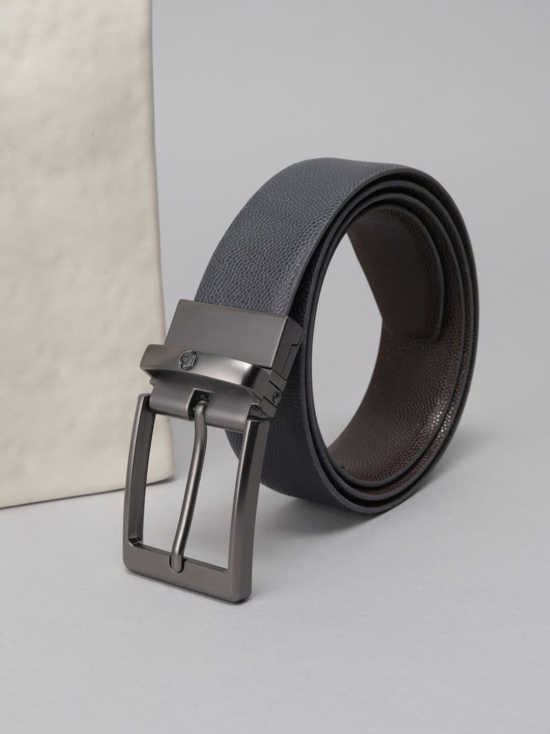 Louis Philippe Men Italian Leather Matt Gun Metal Buckle Formal Reversible Belt