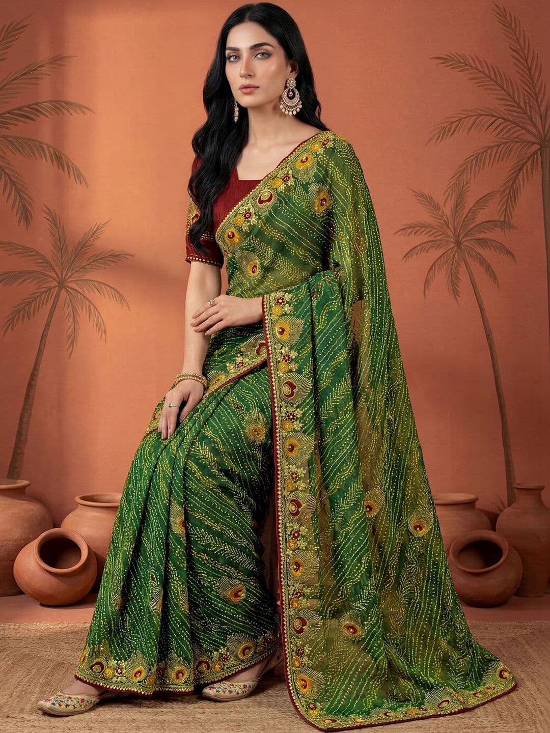 Sangria Embroidered Bandhani Printed & Gota Lace Sarees With Unstitched Blouse Piece - view 1