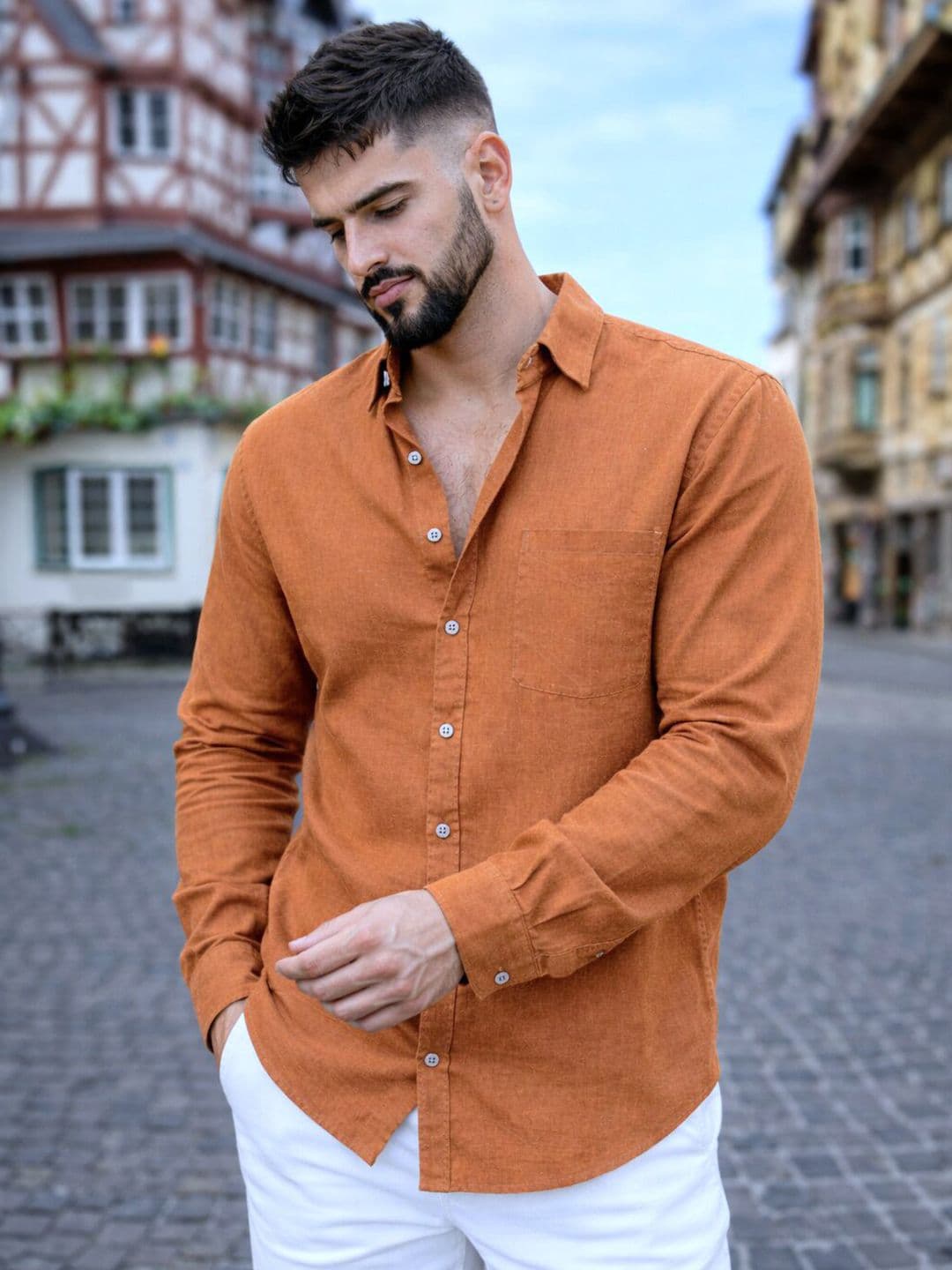 Mast & Harbour Men's Rust Cotton Linen Casual Shirts - view 1