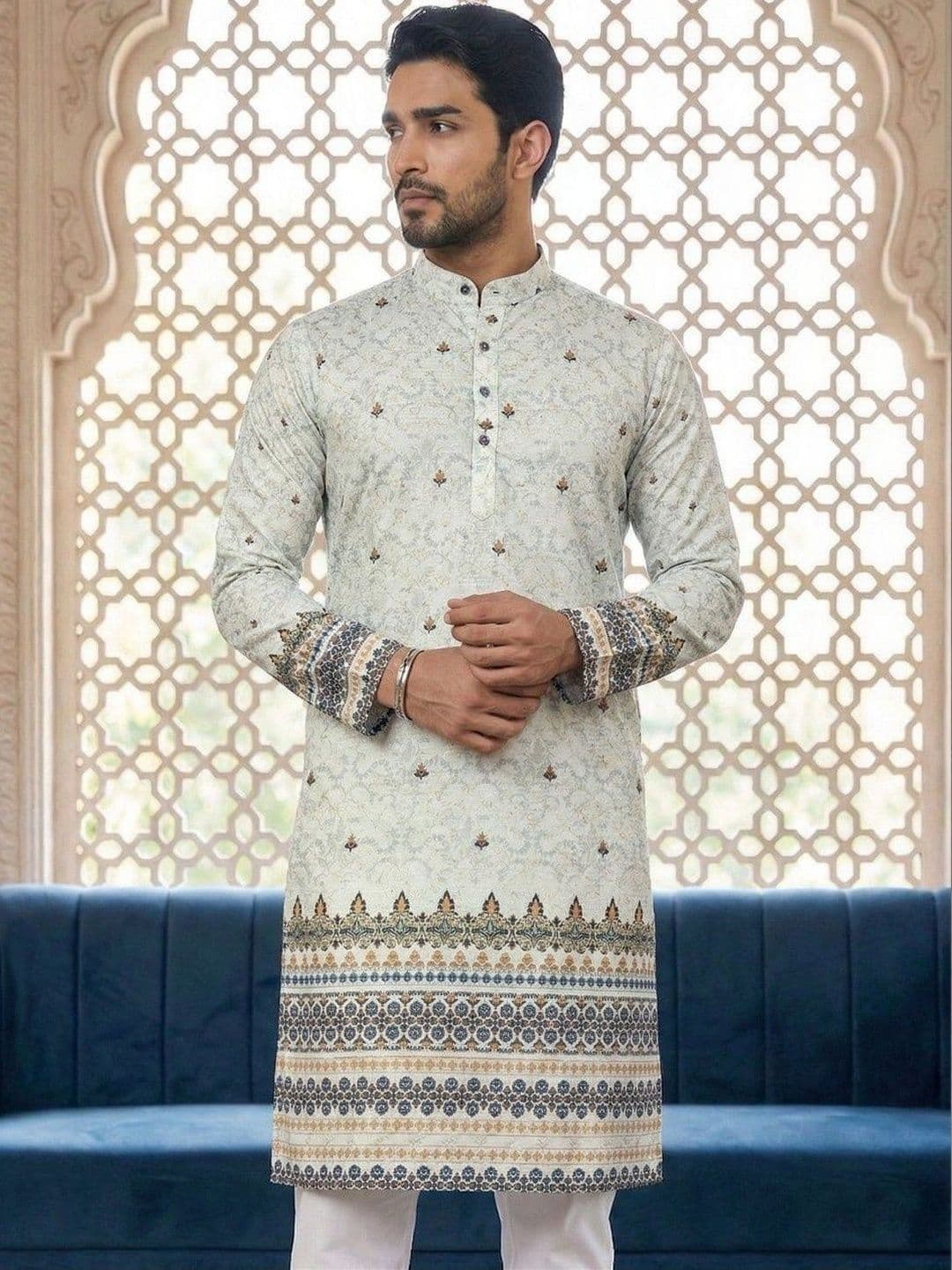 Dincharya Men Ethnic Motifs Printed Sequinned Floral Kurta - view 1