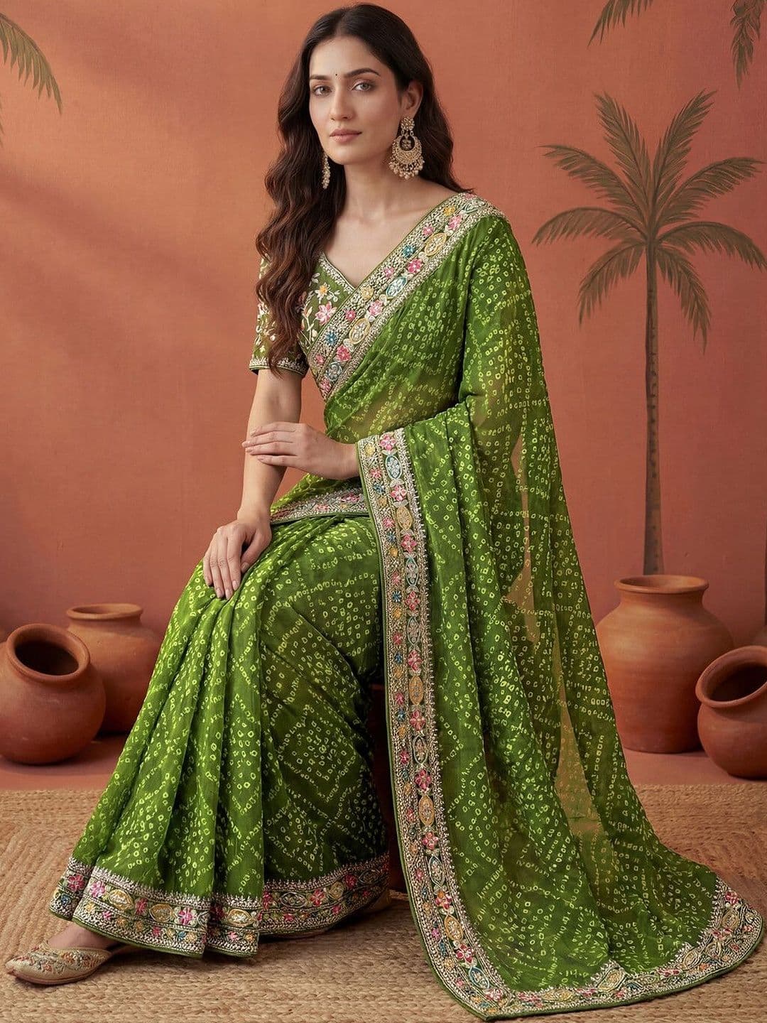 Sangria Bandhani Printed Festive Wear Sarees With Unstitched Blouse Piece - view 1