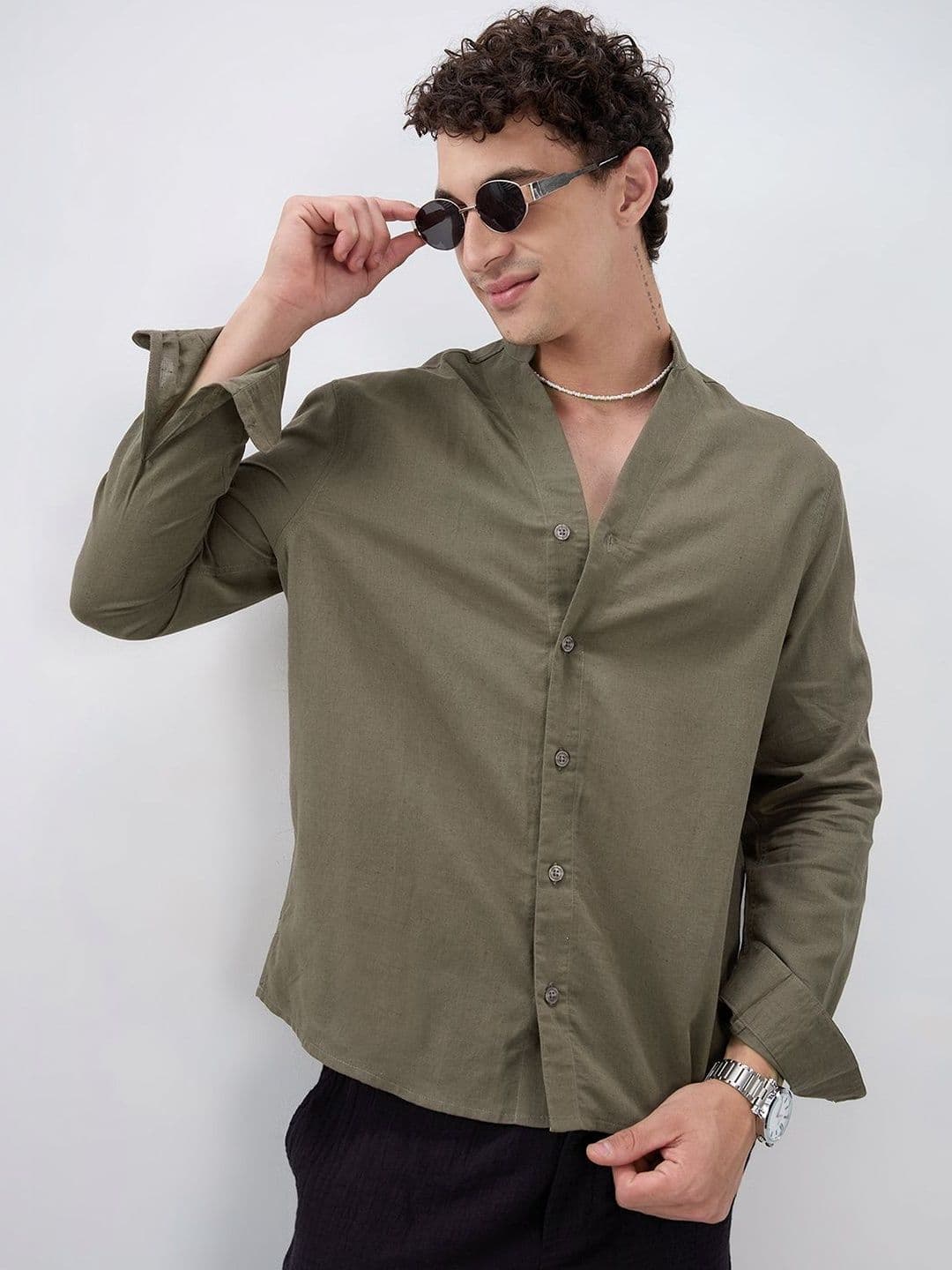 VASTRADO Solid Olive Stand Collar Linen Blend Oversized Shirt - view 1