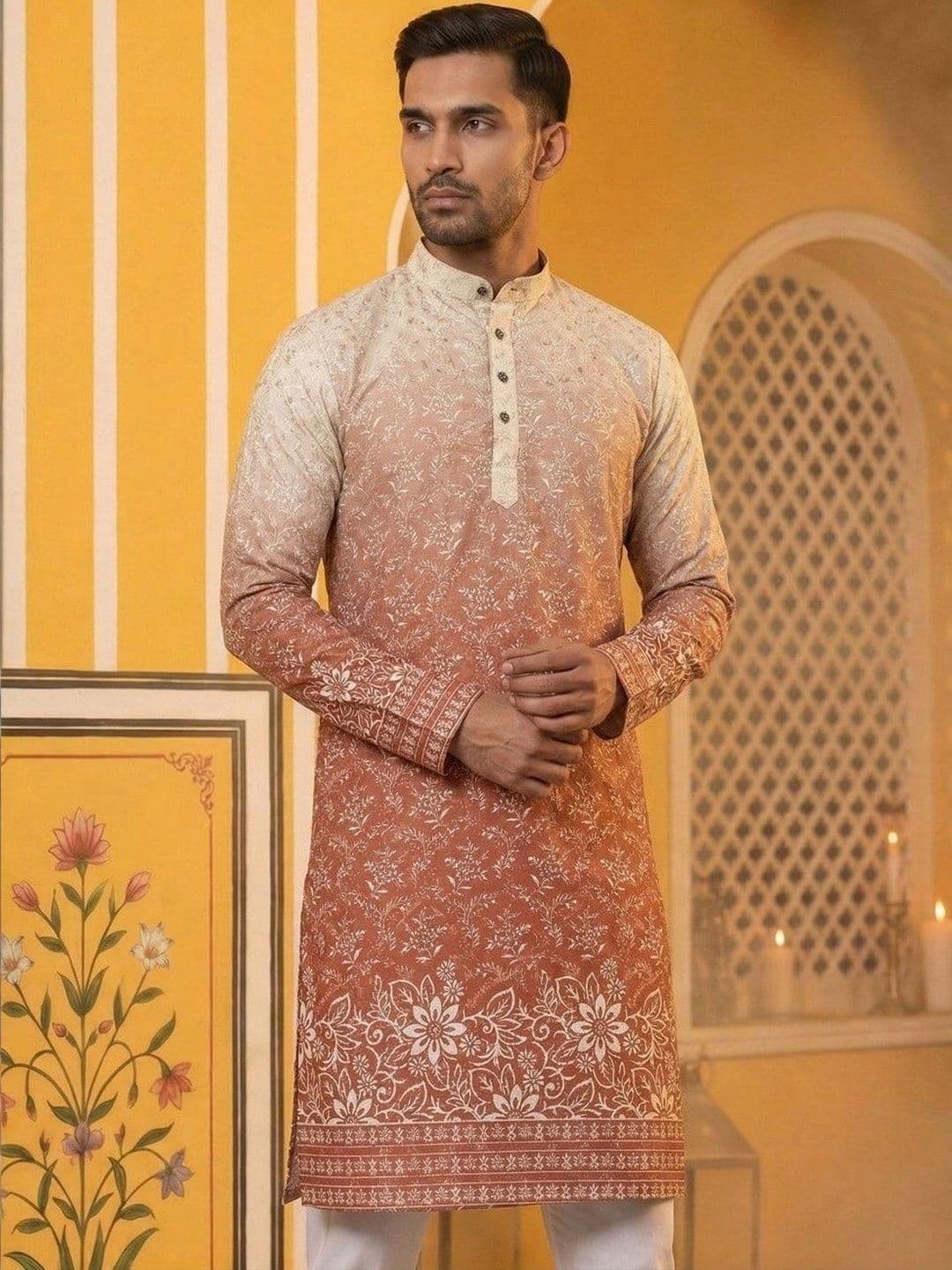 Dincharya Men Ethnic Motifs Printed Sequinned Floral Kurta - view 1