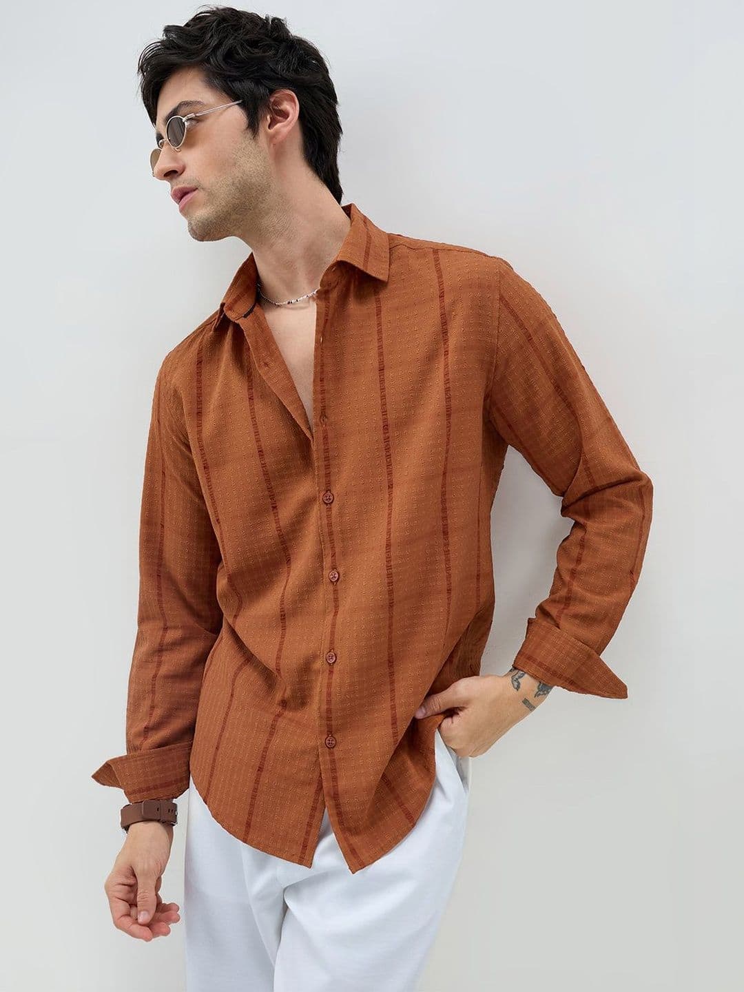 VASTRADO Rust Micro Checks Textured Shirt - view 1