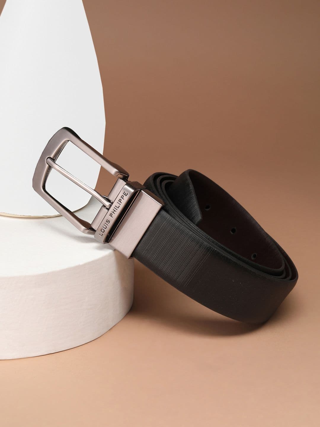 Louis Philippe Men Italian Leather Brush Nickel Buckle Formal Reversible Belt