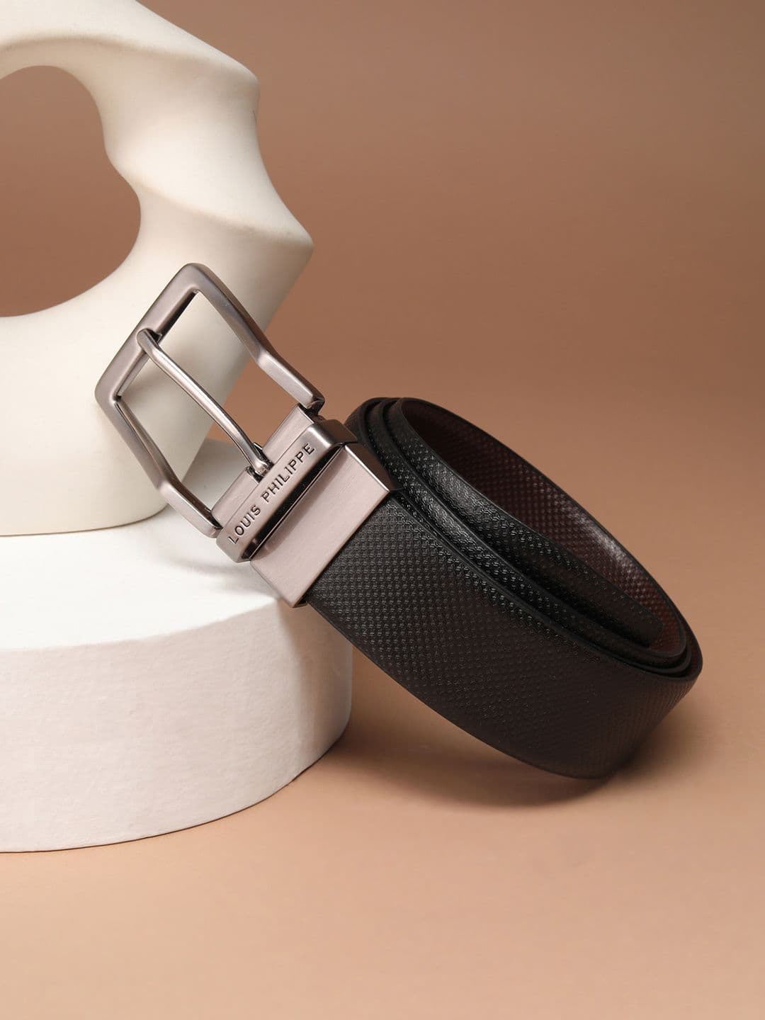 Louis Philippe Men Italian Leather Brush Gun Metal Buckle Formal Reversible Belt - view 1