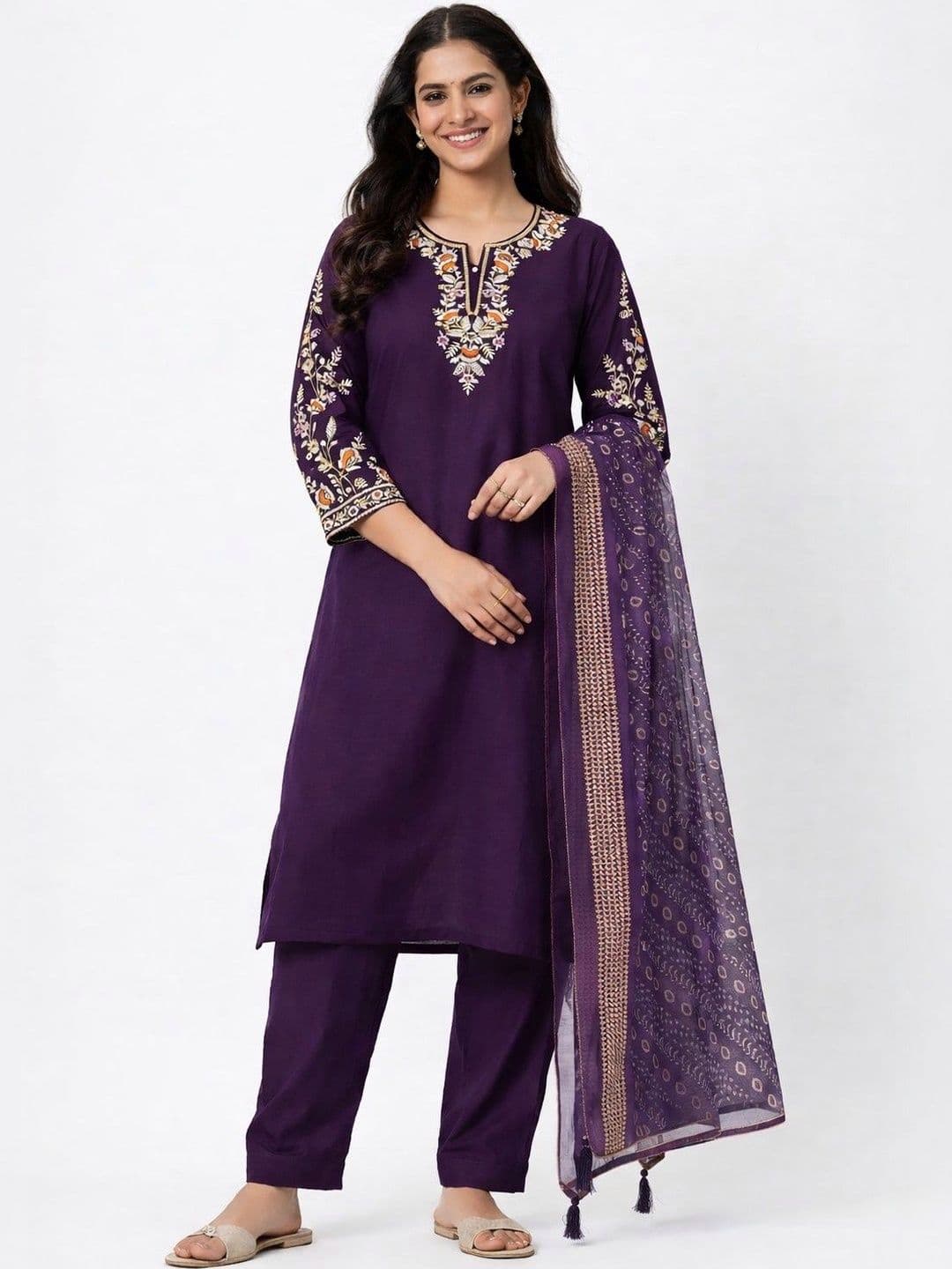 Chandbaali Women Floral Embroidered Regular Kurta with Trousers & With Dupatta - view 1