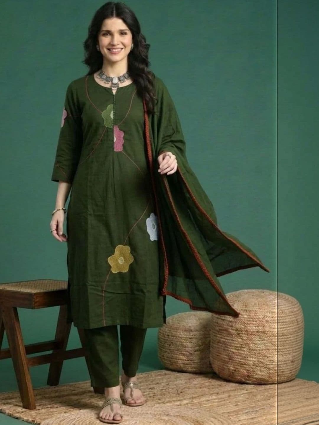 Sangria Embroidered Cotton Round Neck Kurta & Trousers With Dupatta - view 1