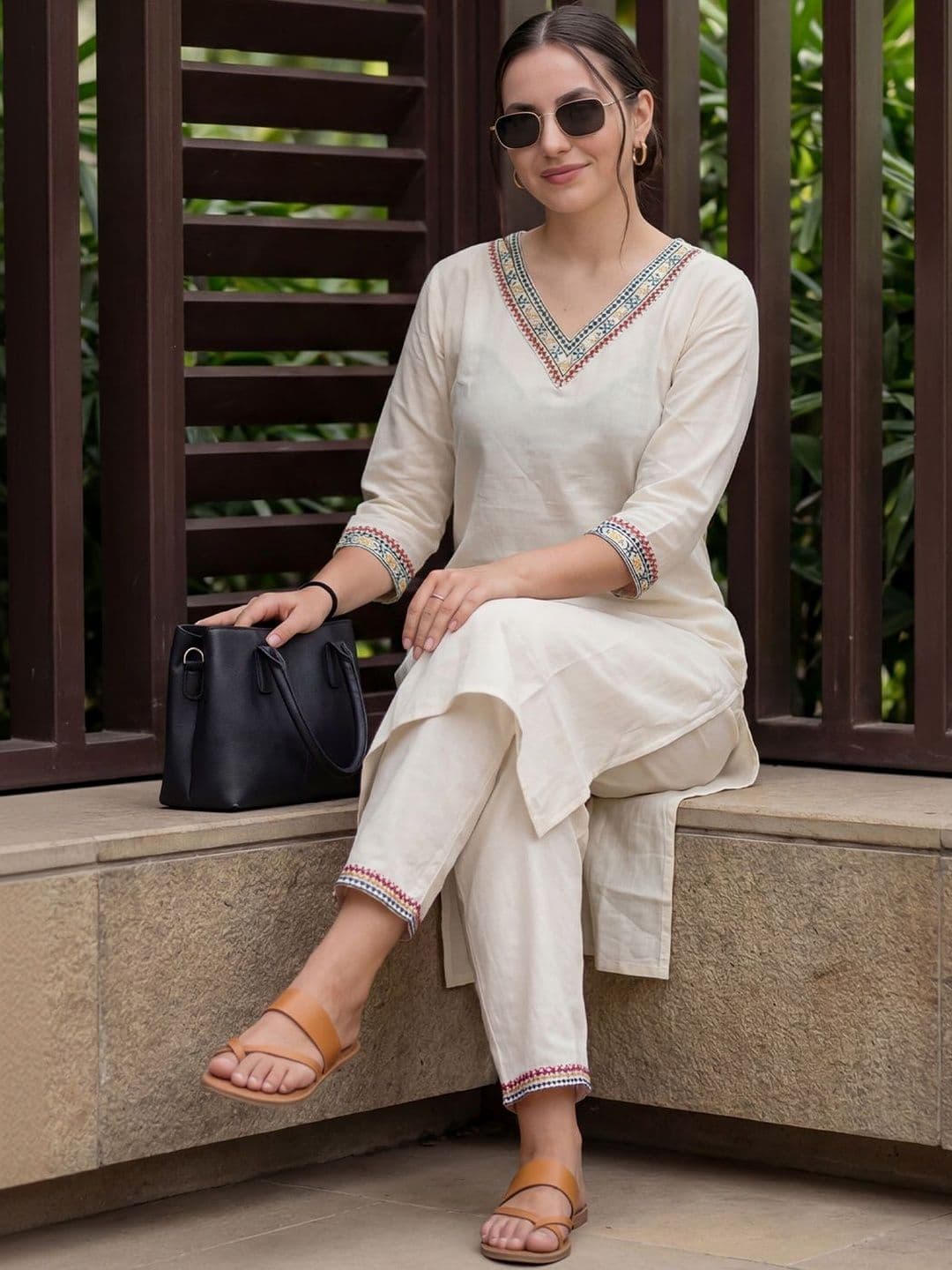 Indo Era White Embroidered Straight Co-ords Set - view 1