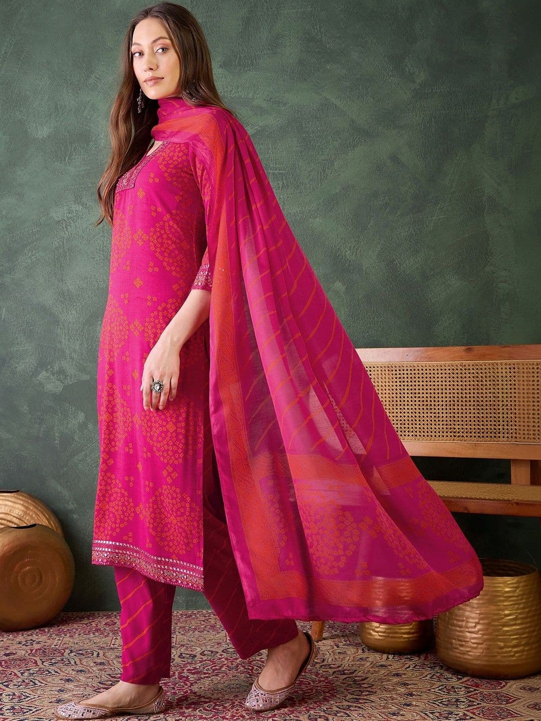 KALINI Women Bandhani Printed Kurta with Trousers & With Dupatta - view 1