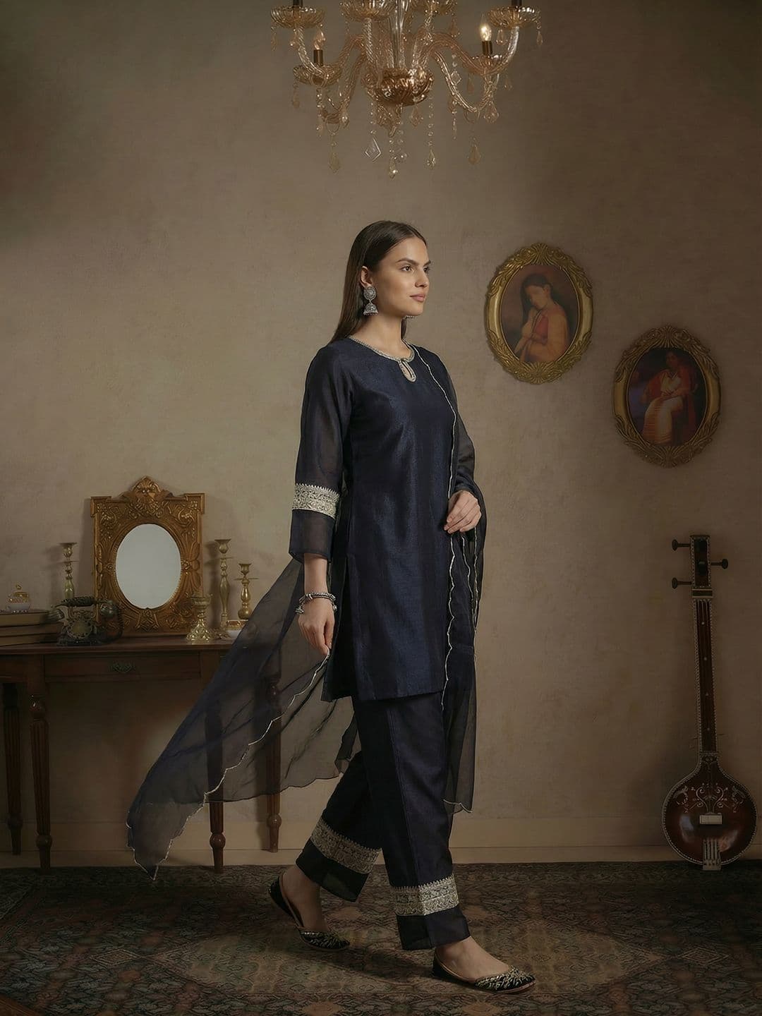 House of Pataudi Sequinned Kurta Jashn with Palazzos & Dupatta - view 1