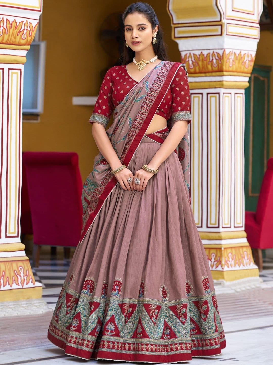 LOOKNBOOK ART Printed Block Print Ready to Wear Lehenga & Unstitched Blouse With Dupatta - view 1