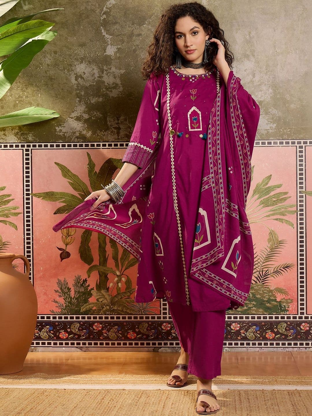 Sangria Printed Pure Cotton Round Neck Kurta & Trousers With Dupatta - view 1