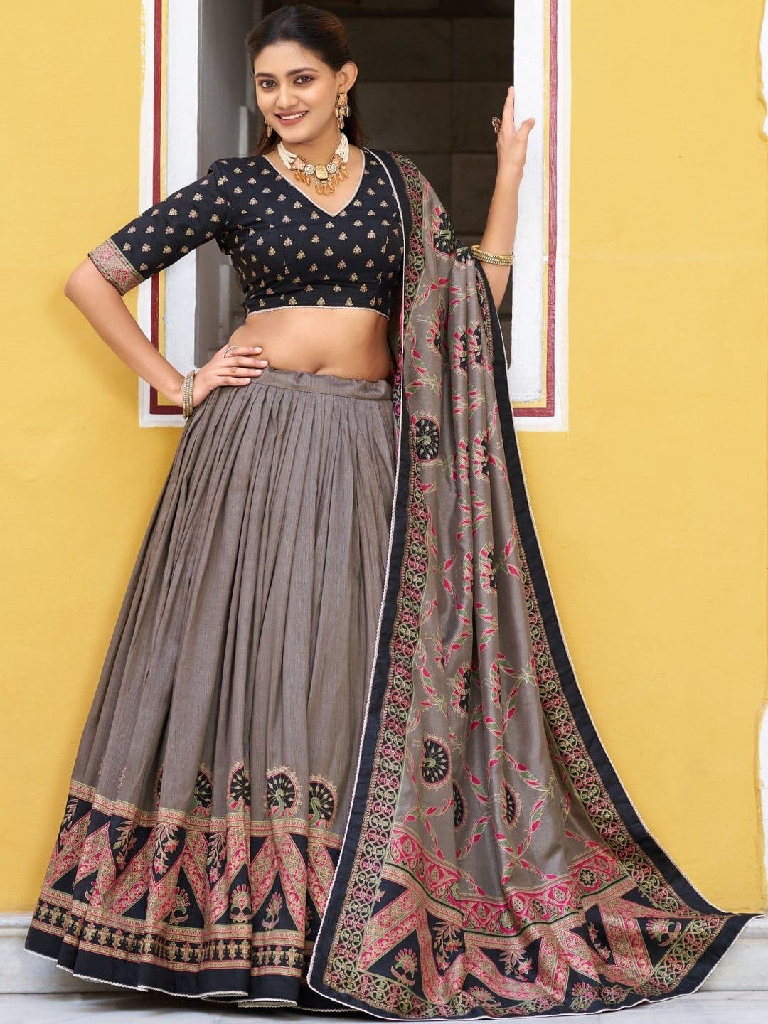 LOOKNBOOK ART Printed Block Print Ready to Wear Lehenga & Unstitched Blouse With Dupatta - view 1