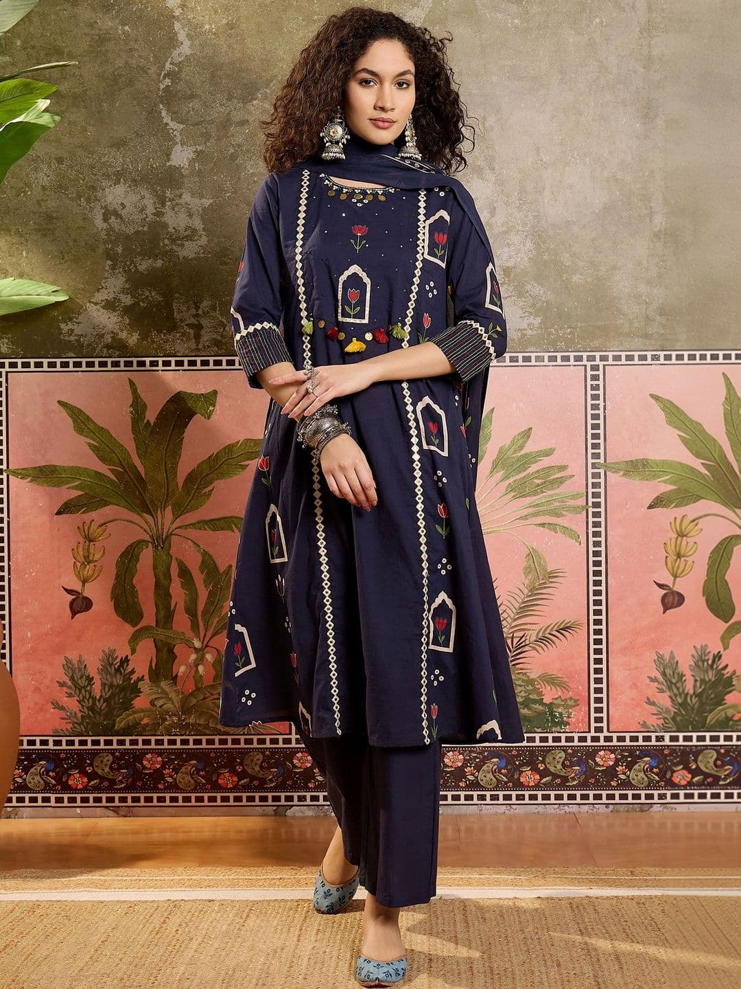 Sangria Printed Pure Cotton Round Neck Kurta & Trousers With Dupatta - view 1