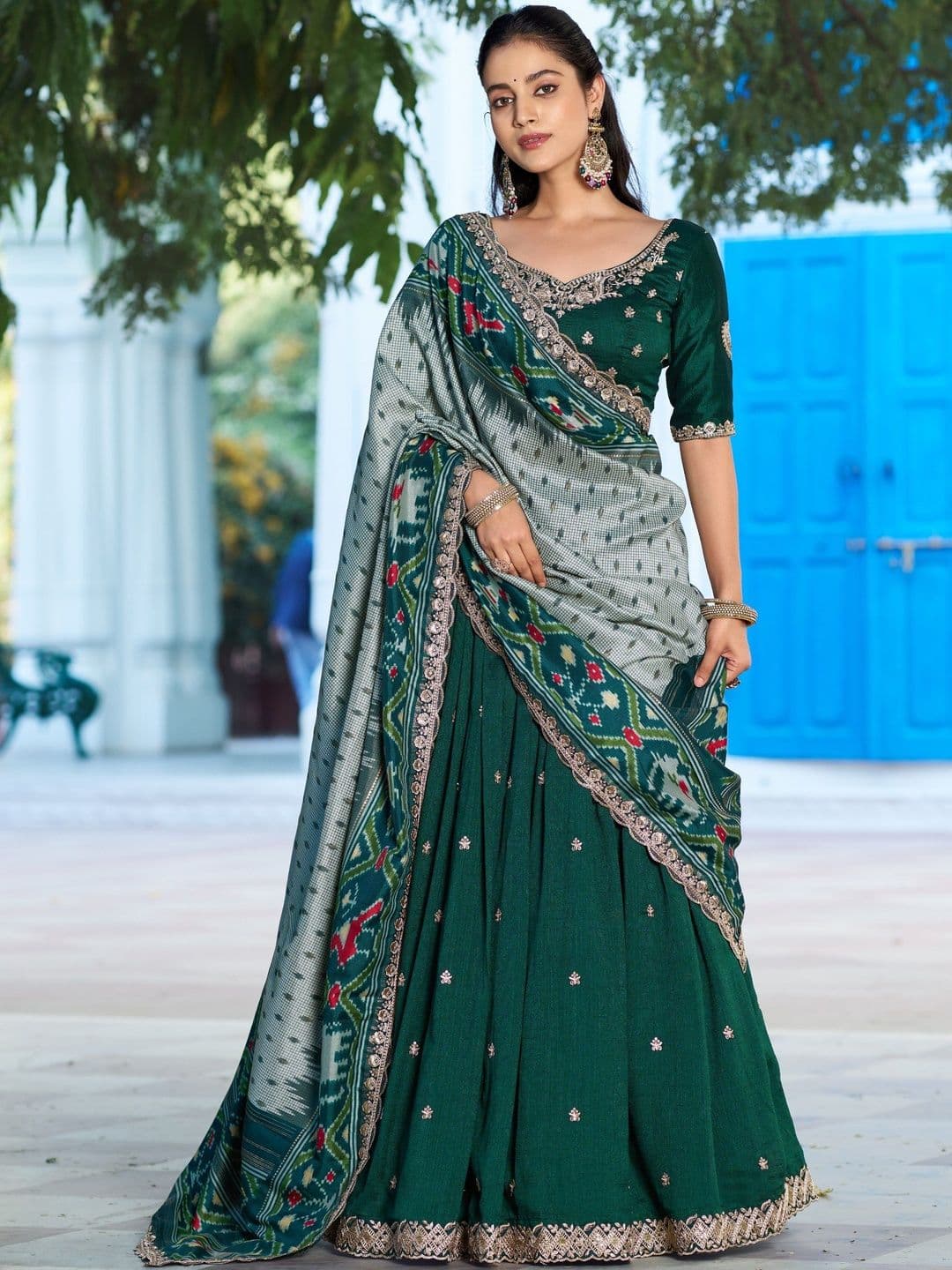 LOOKNBOOK ART Embroidered Thread Work Ready to Wear Lehenga & Blouse With Dupatta - view 1