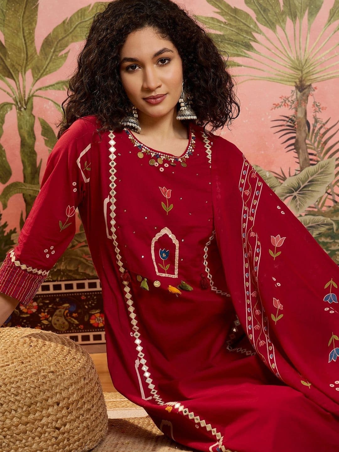 Sangria Printed Pure Cotton Round Neck Kurta & Trousers With Dupatta - view 1