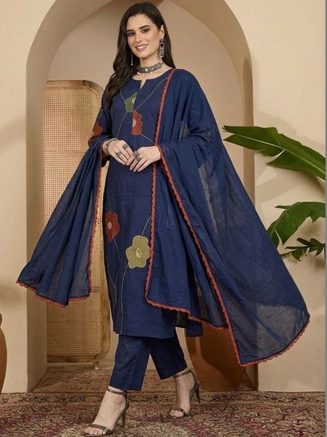 Sangria Embroidered Cotton Round Neck Kurta & Trousers With Dupatta - view 1
