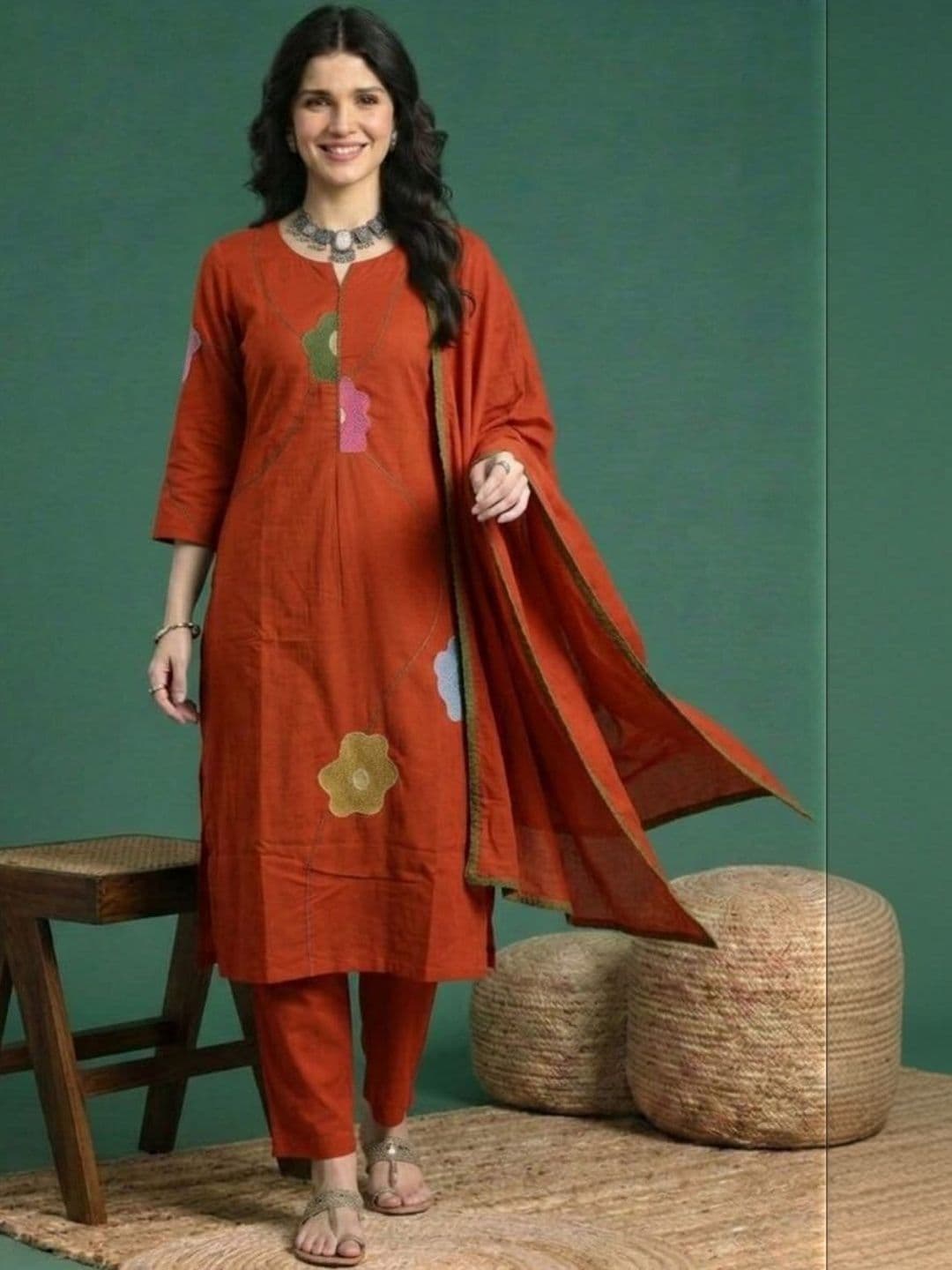 Sangria Embroidered Cotton Round Neck Kurta & Trousers With Dupatta - view 1