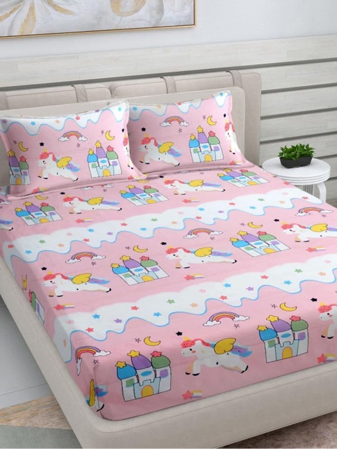 TINDLER KNOTS Pink Cartoon Characters 250 TC Bedsheet with 2 Pillow Covers - view 1