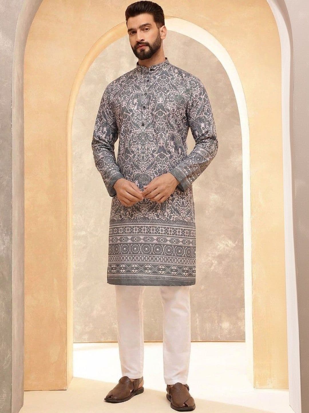 VELKYNOX Men Ethnic Motifs Printed Sequinned Floral Kurta - view 1