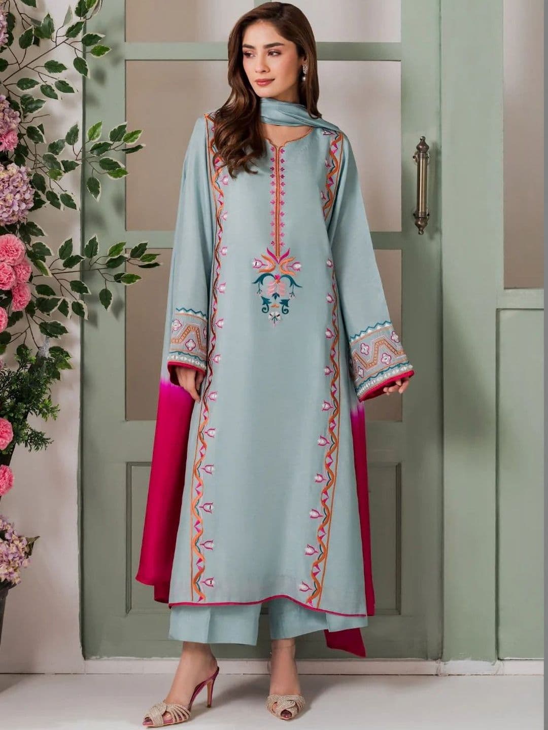 Sangria Embroidered Round Neck Kurta & Palazzos With Dupatta - view 1