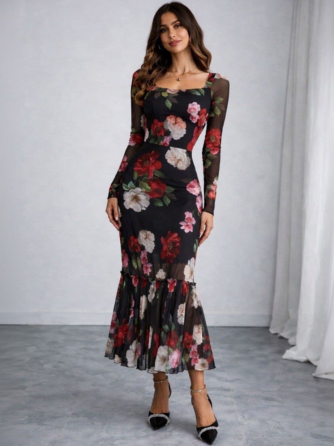 KI STUDIO Floral Print Flared Sleeve Net Bodycon Midi Dress - view 1