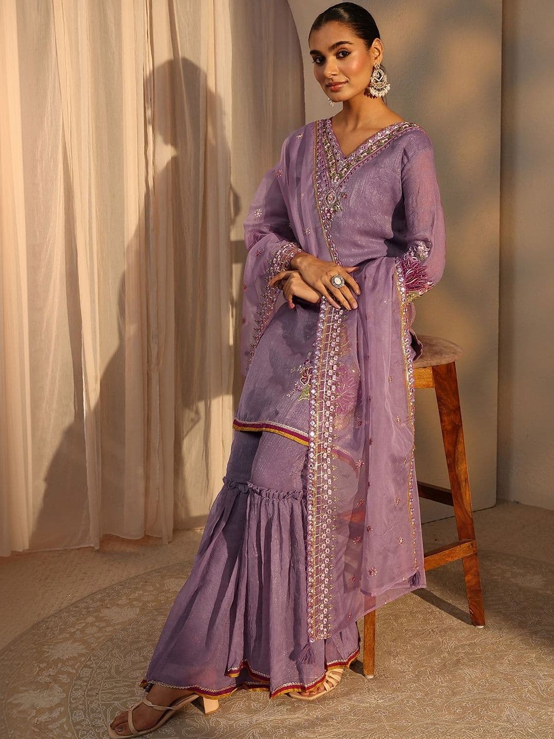 Libas Women Embroidered Regular Silk Chiffon Kurta with Sharara & With Dupatta - view 1