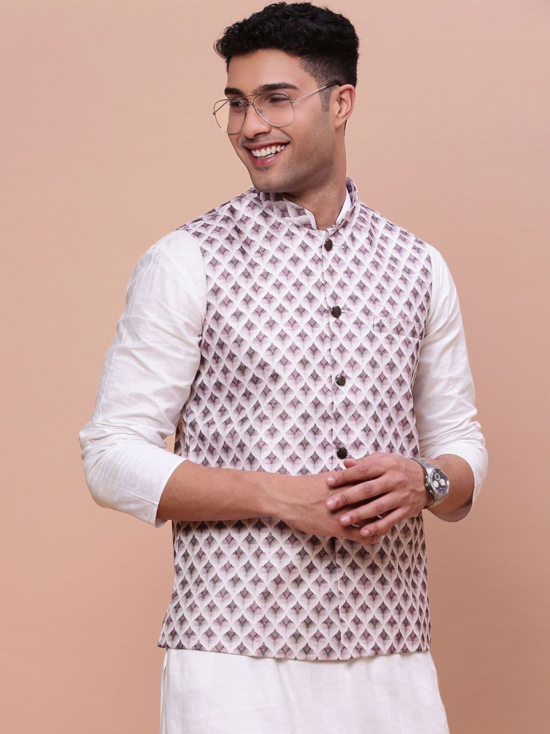 SHOWOFFFF Woven Design Slim Fit Mandarin Collar Nehru Jacket - view 1