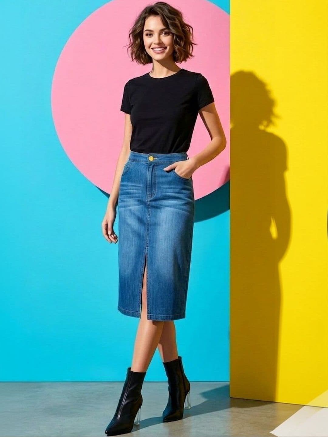 KYVO Women Denim Knee Length Straight Skirt - view 1