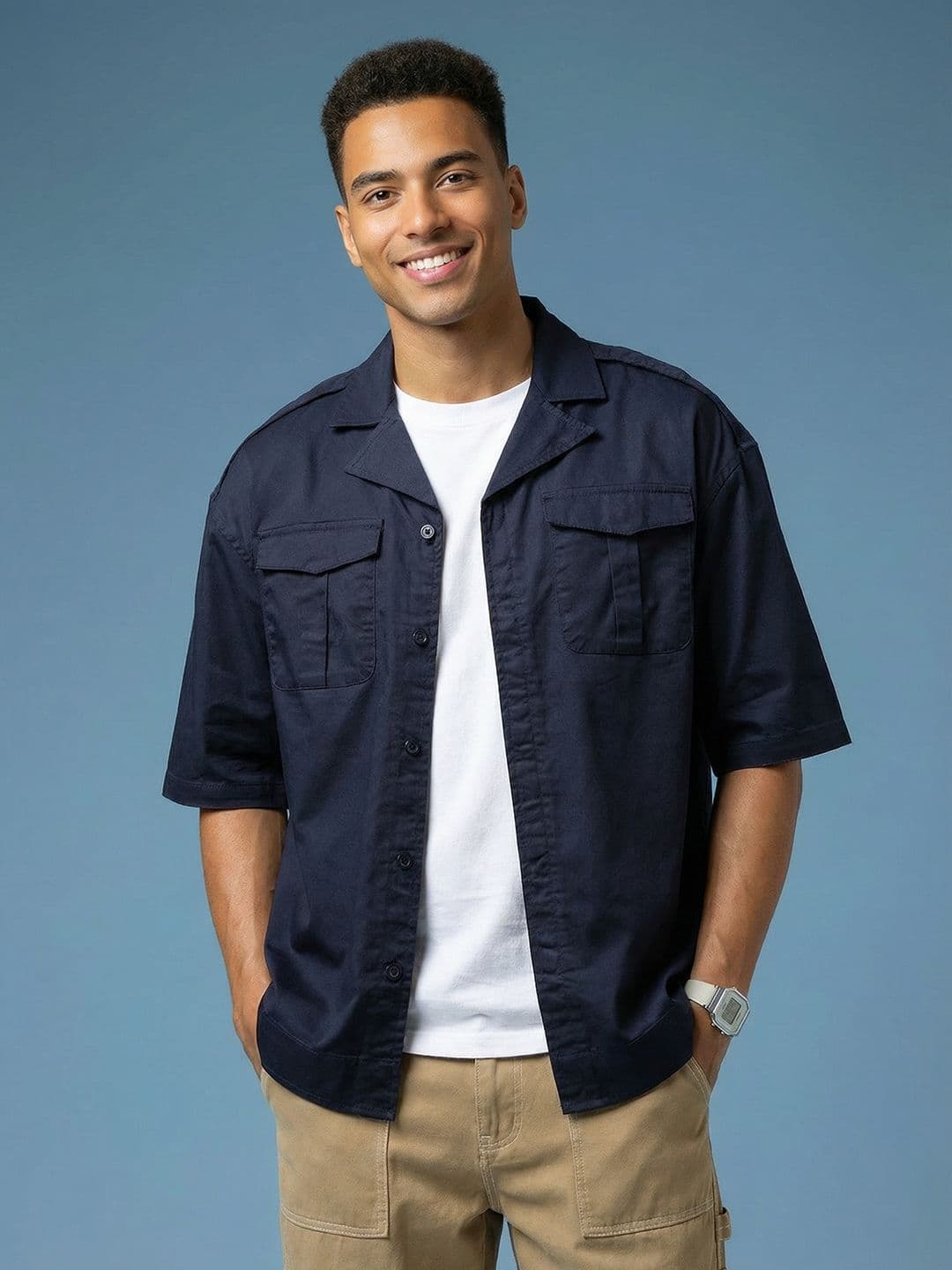 HERE&NOW Cuban Collar Pure Cotton Drop-Sleeves Relaxed Fit Opaque Casual Shirt - view 1