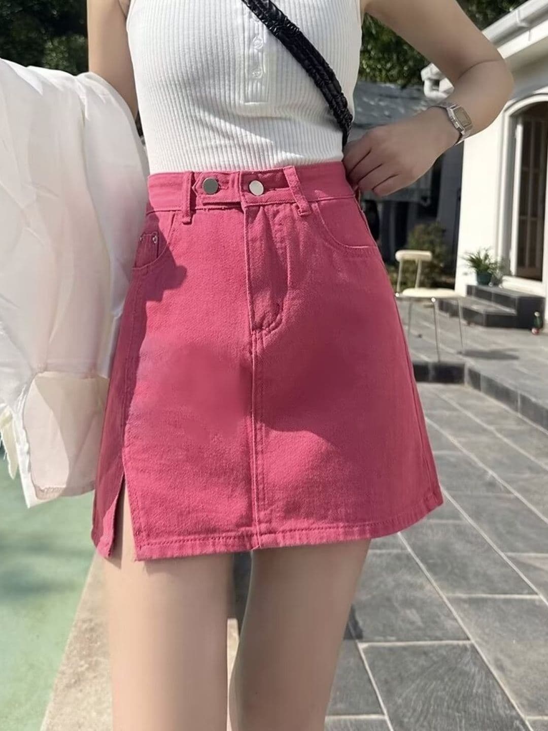Suo Women Cotton Side Slit Above Knee A-Line Skirt - view 1