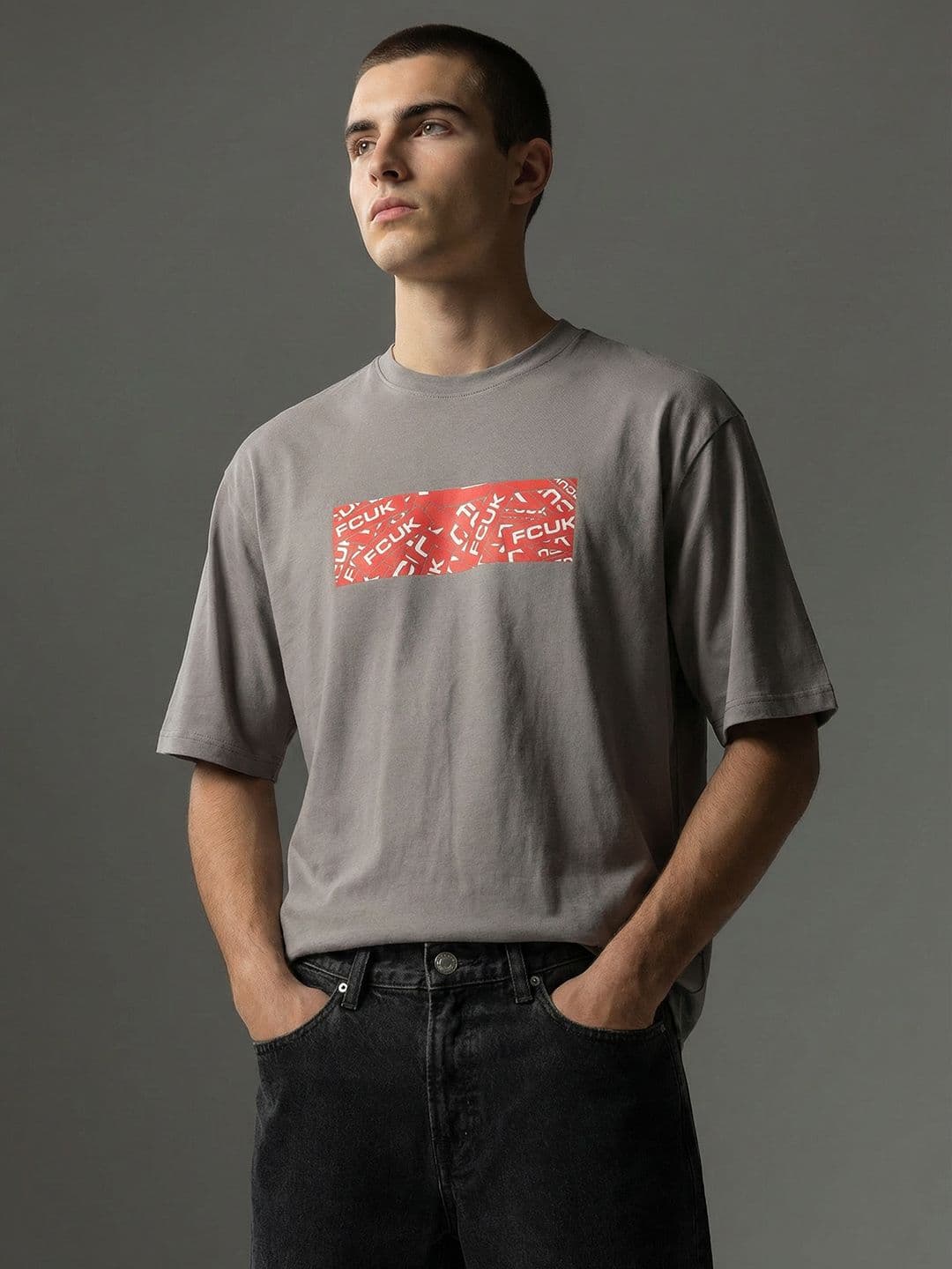 FCUK Brand Logo Printed Drop-Shoulder Sleeves Oversized Pure Cotton T-shirt - view 1
