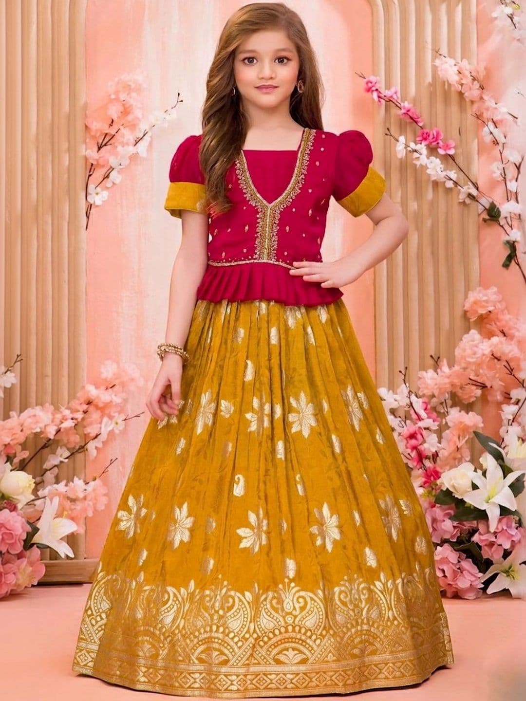 Wommaniya Impex Girls Embroidered Beads and Stones Ready to Wear Lehenga & - view 1