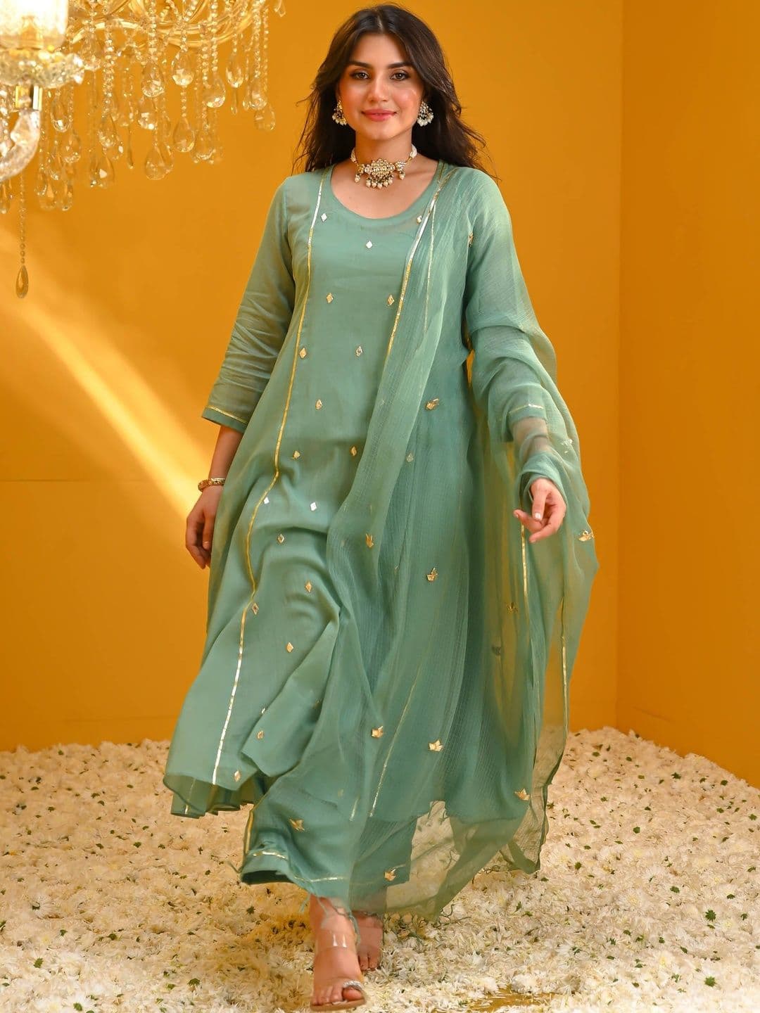 SZN Women Embroidered Regular Mirror Work Pure Cotton Kurta with Palazzos & With Dupatta - view 1