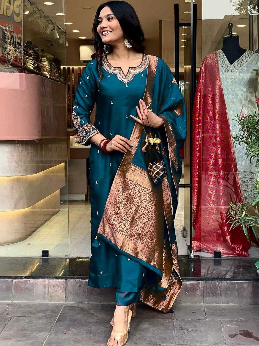 SZN Women Ethnic Motifs Embroidered Regular Sequinned Pure Cotton Kurta with Trousers & With Dupatta - view 1