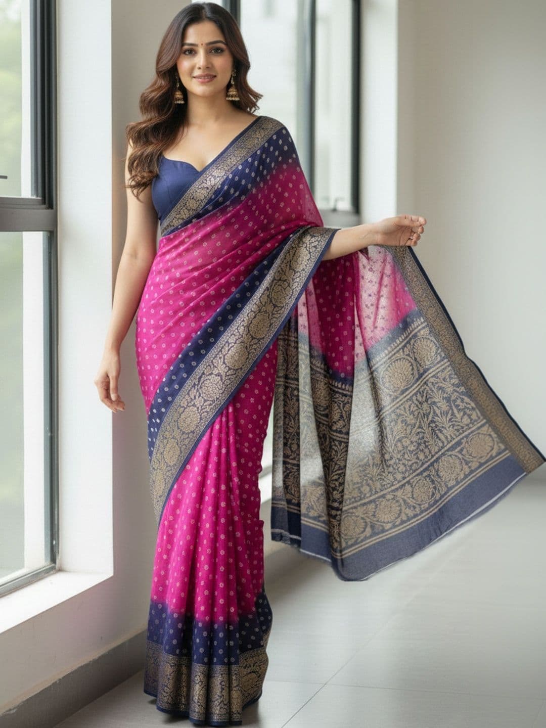 BilloRani Bandhani Zari Silk Blend Designer Bandhani Saree - view 1