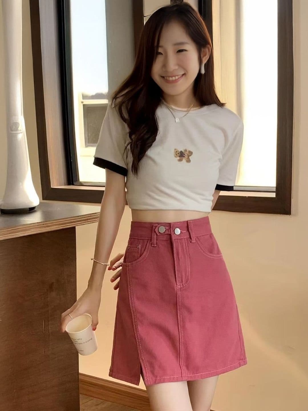 Suo Women Cotton Side Slit Above Knee A-Line Skirt - view 1