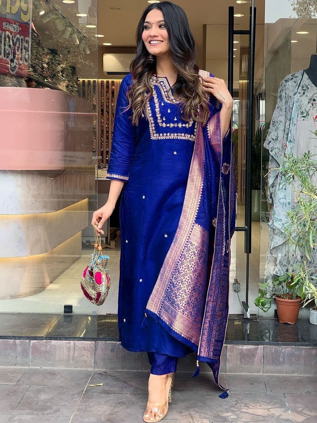 SZN Women Ethnic Motifs Embroidered Regular Sequinned Pure Cotton Kurta with Trousers & With Dupatta - view 1