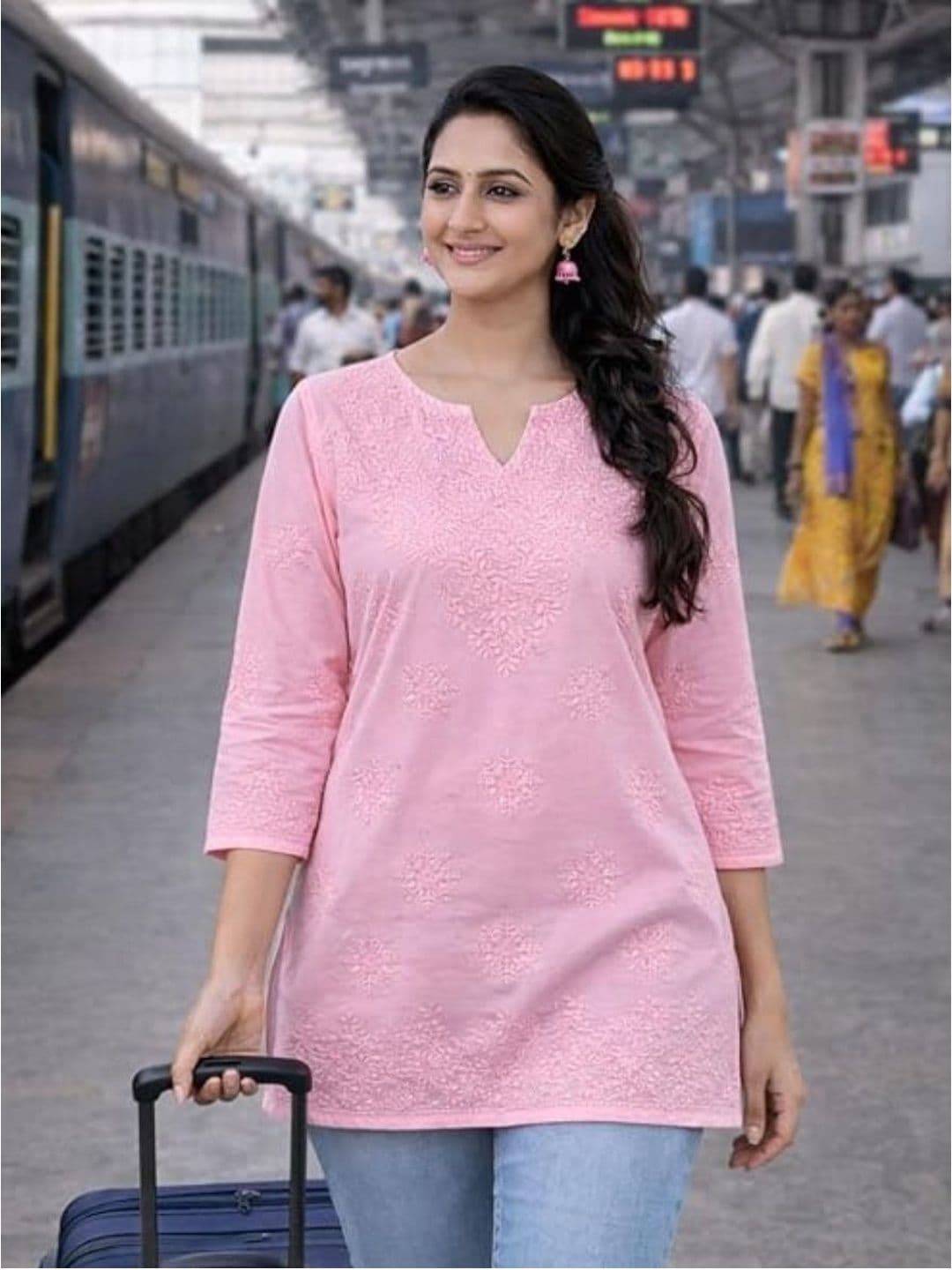 MRS RIGHT Embroidered V-Neck Pure Cotton Kurti - view 1