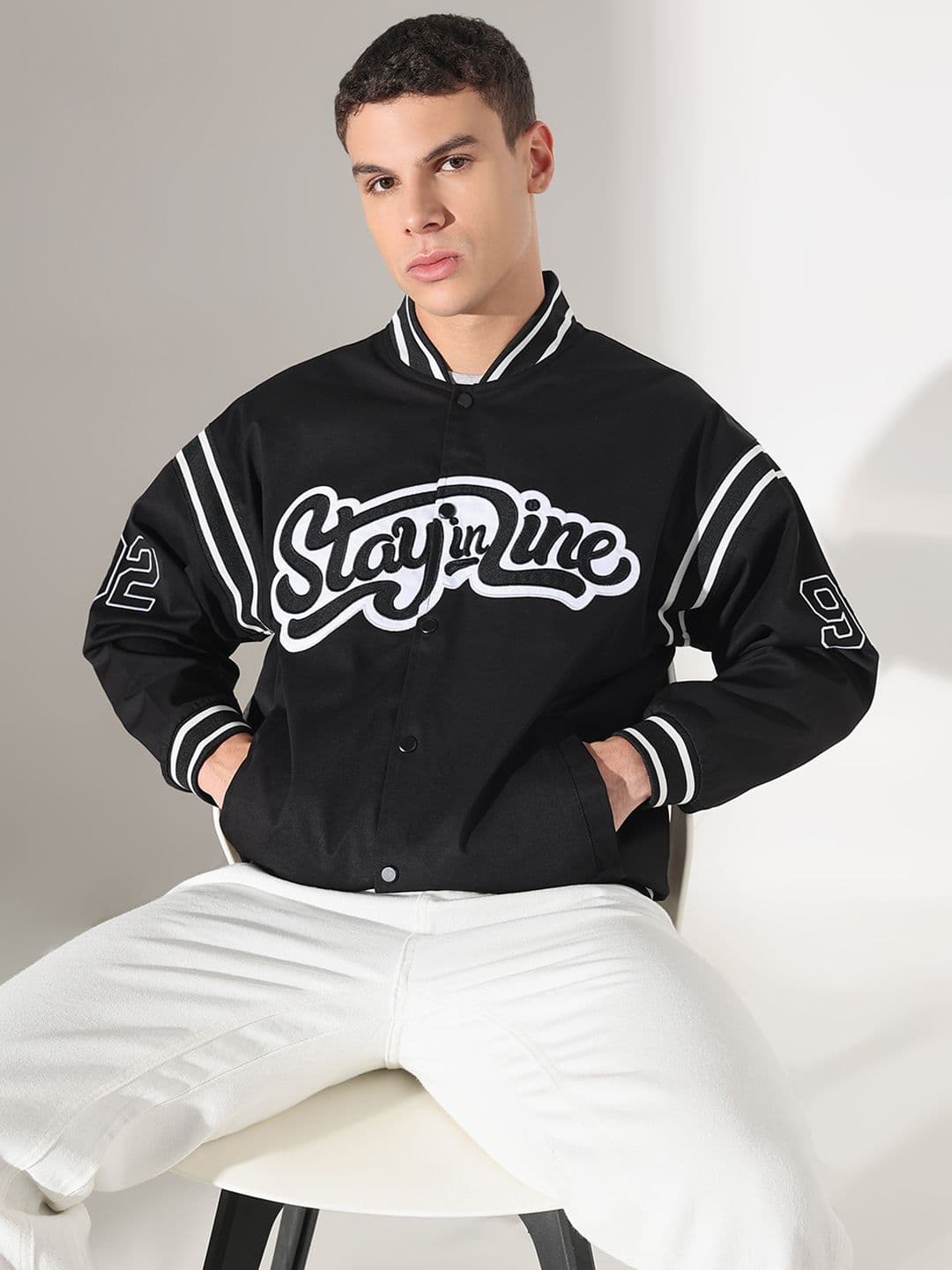 SHOWOFFFF Men Stand Collar Typography Printed Windcheater Varsity Jacket - view 1