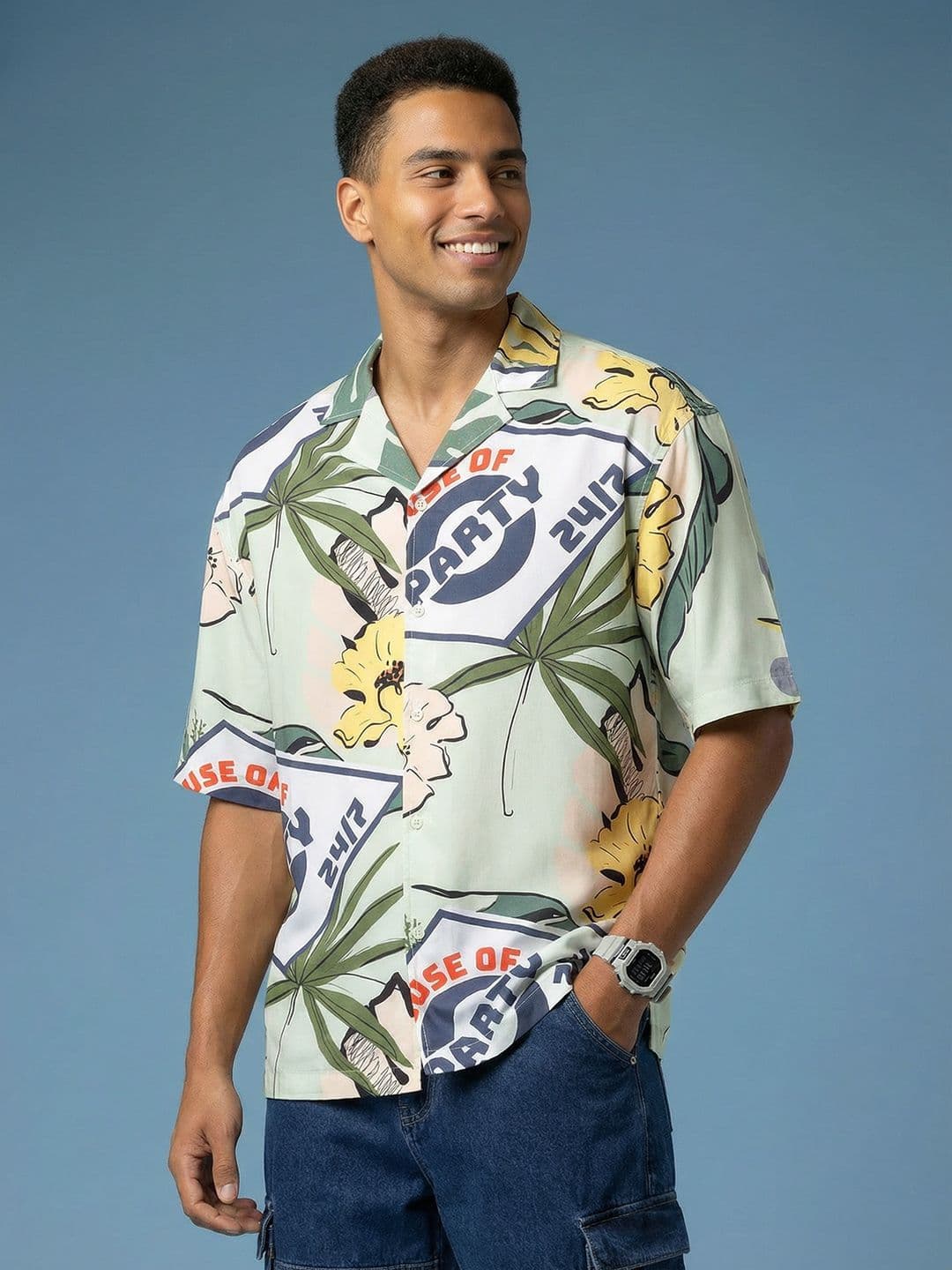 HERE&NOW Tropical Print Drop-Shoulder Sleeves Cuban Collar Slim Fit Casual Shirt - view 1